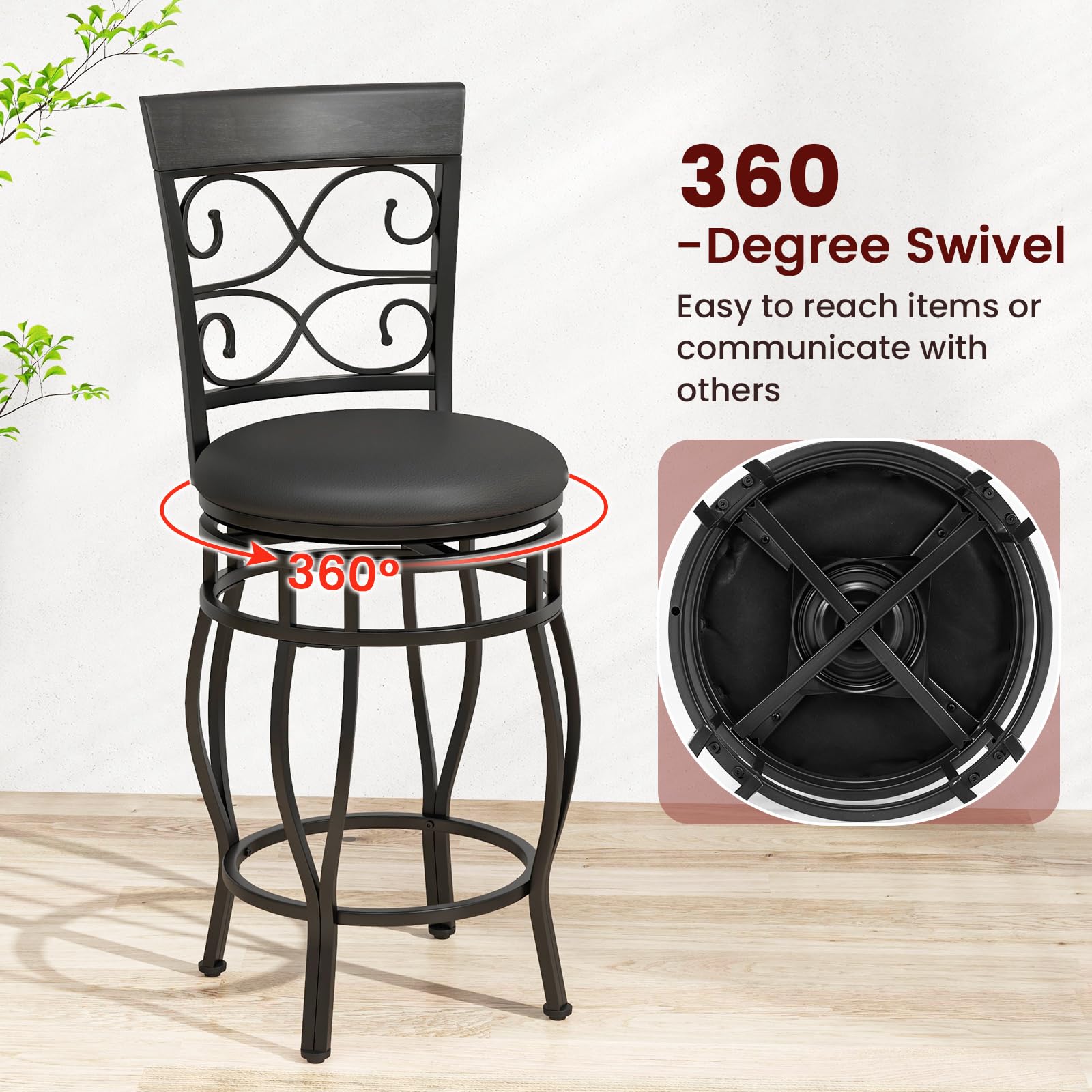 Swivel Bar Stools Set of 2/4, Counter Height Bar Stools with Back, Upholstered PU Leather Seat, Footrest
