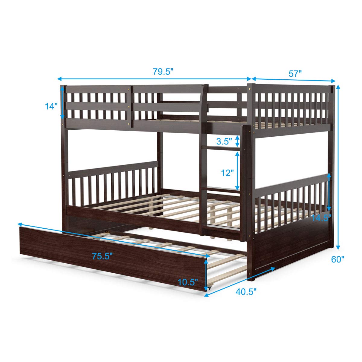 Full Over Full Wood Bunk Bed with Trundle, Ladder, Solid Wood Frame & Safety Guardrails