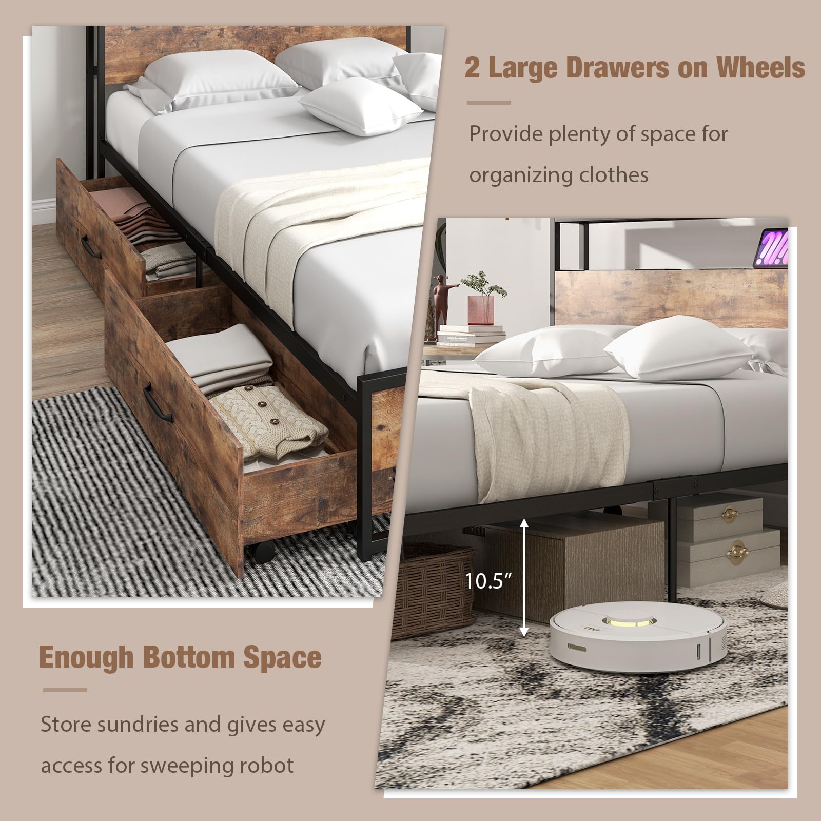 Bed Frame with 2 Storage Drawers and Charging Station, Rustic Metal Slats Support Mattress Foundation