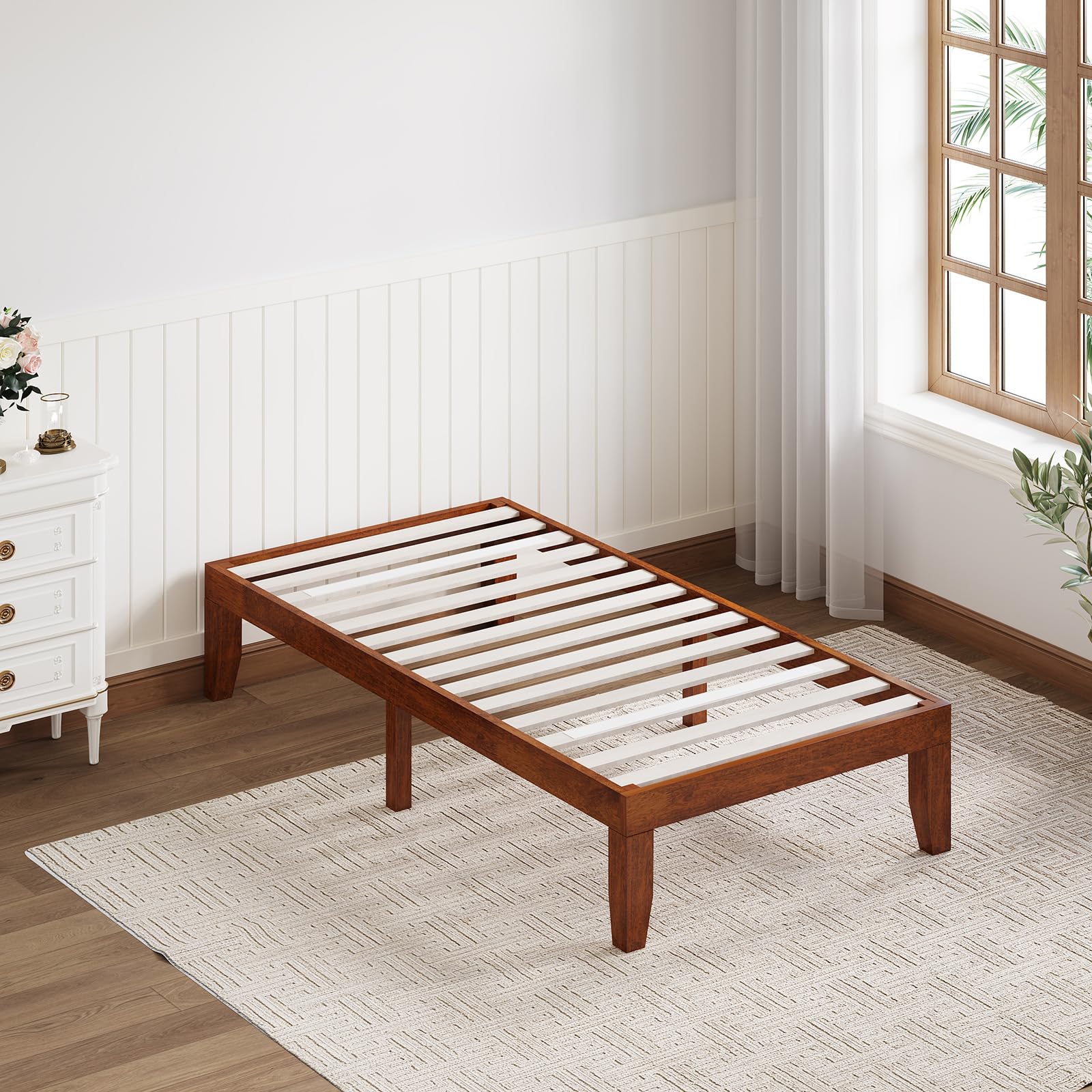 14 Inches Wood Platform Bed Frame, Solid Wood Mattress Foundation with Rubber Wood Frame