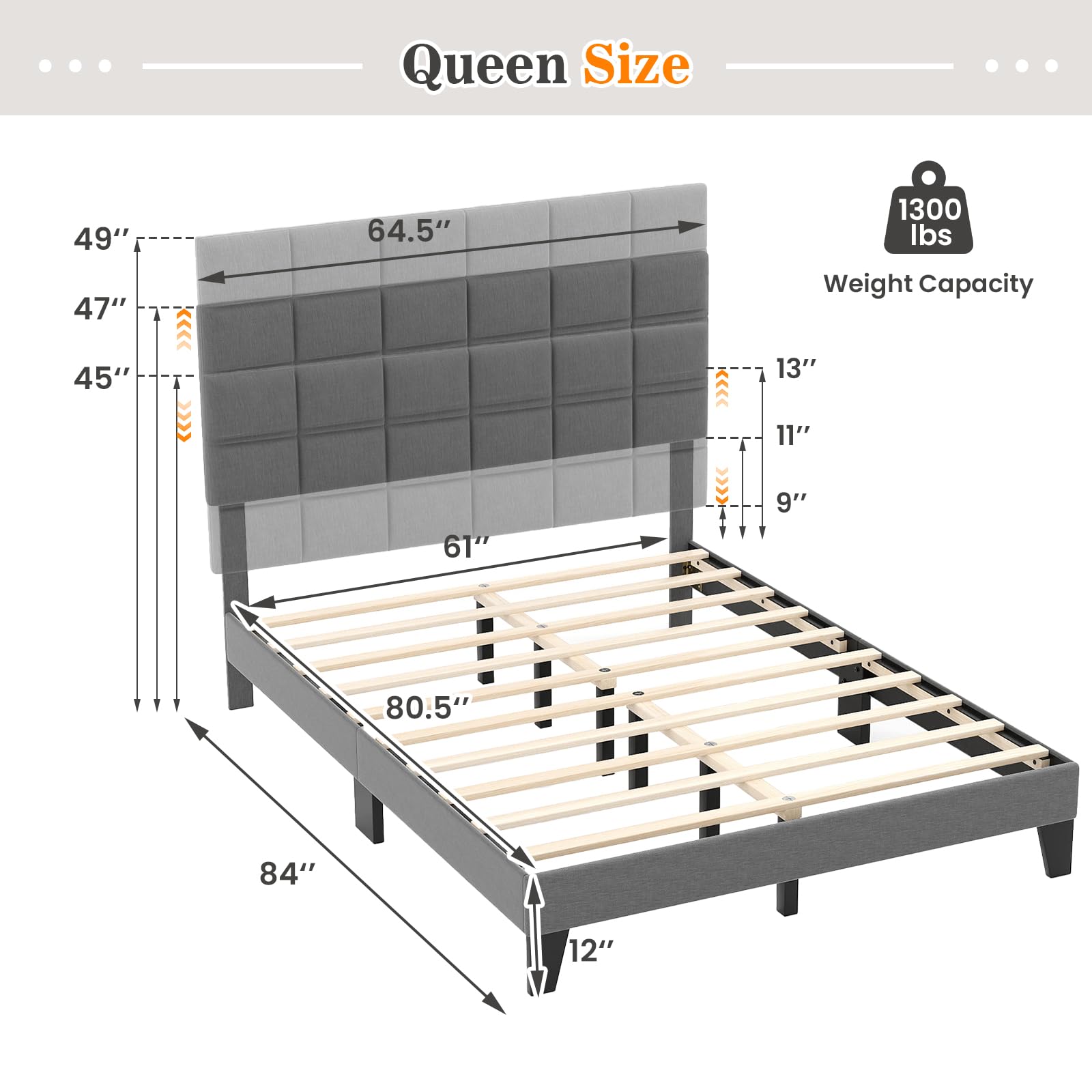 Linen Fabric Upholstered Bed Frame with Adjustable Headboard & Wooden Slat Support