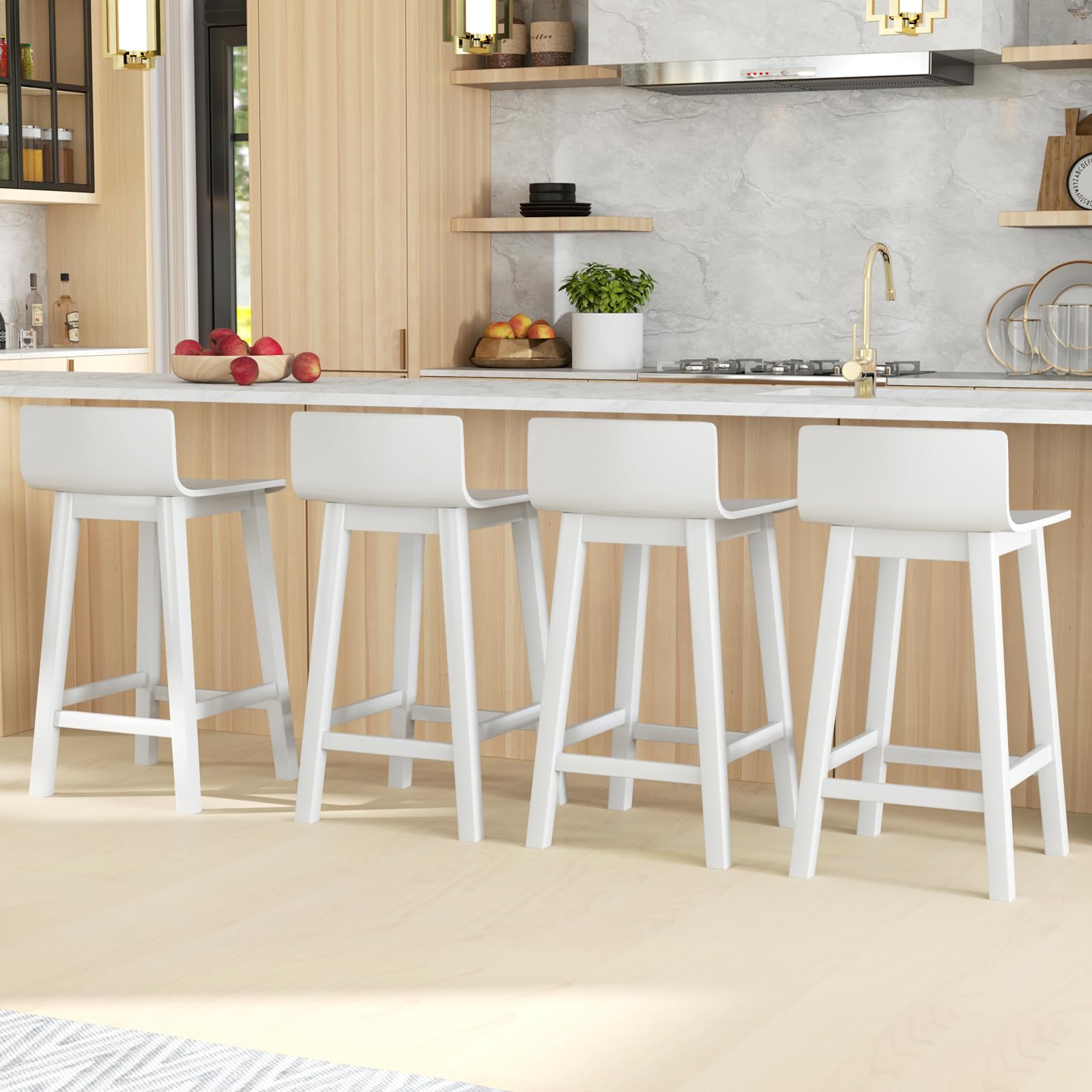 Solid Wood Bar Stools Set of 2/4, Counter Height Chairs with Low Back and Footrest