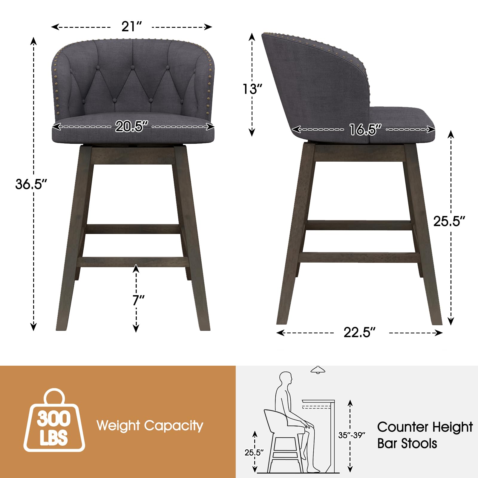 Counter Height Bar Stools Set of 2/4, Fabric Upholstered Island Stools with 360&deg; Swivel Seat & Button-Tufted Back