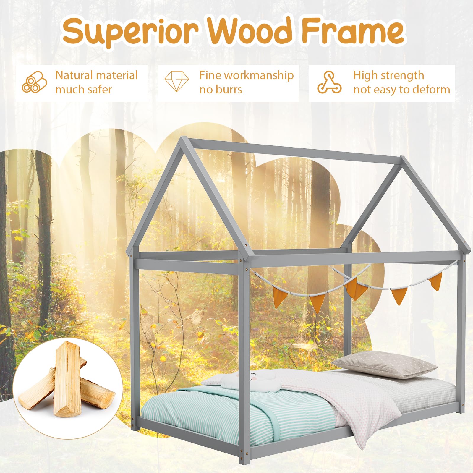 Twin Size House Bed for Kids, Solid Wood Platform Floor Bed with Roof & Multiple Slats
