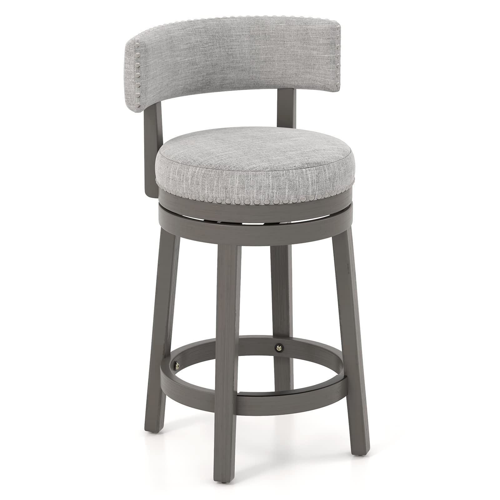Modern 360&deg; Swivel Bar Stool with Upholstered Back & Seat, Solid Rubber Wood Legs & Round Footrest