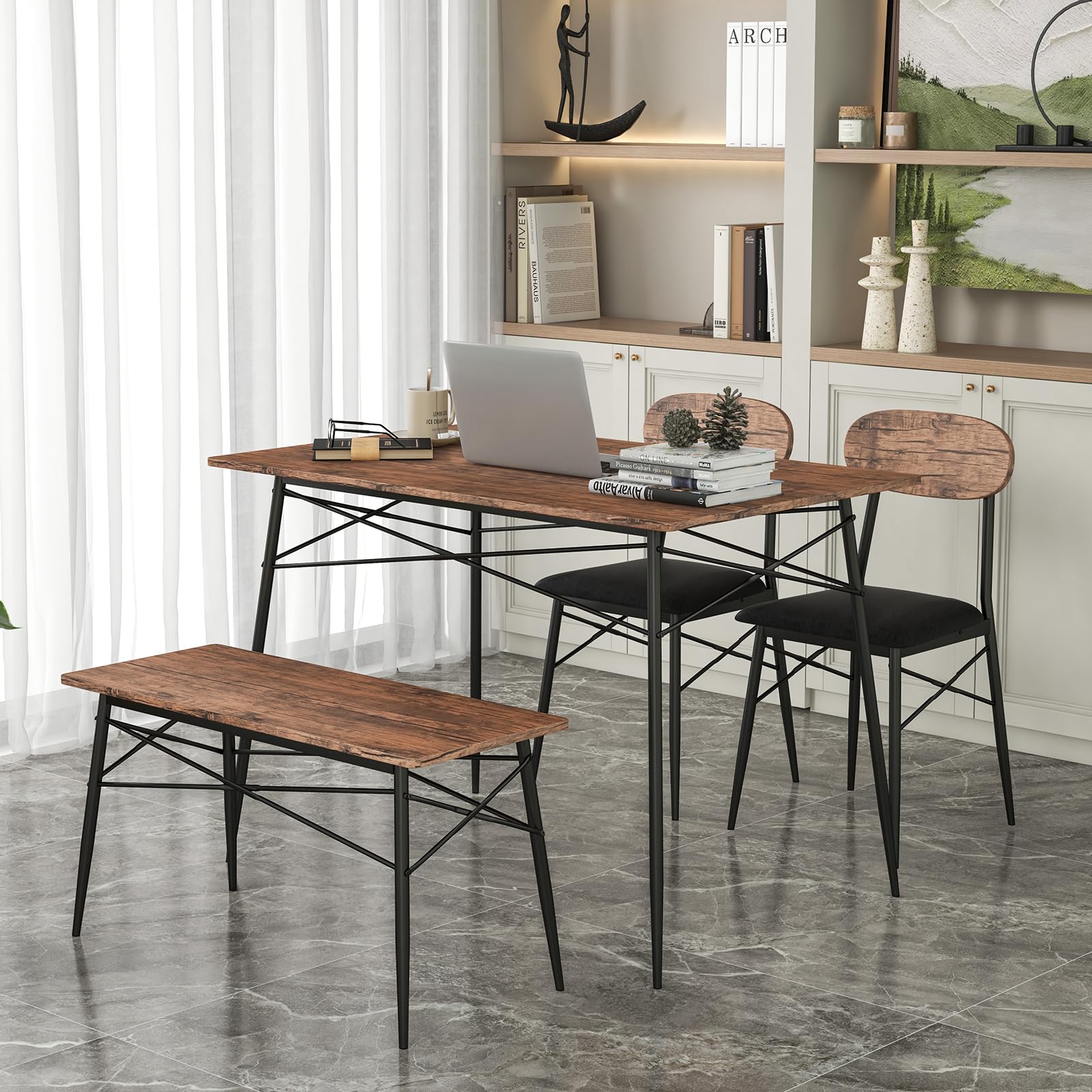 Dining Table Set for 4, Mid-Century Kitchen Furniture Set w/Kitchen Table, Bench & 2 Upholstered PVC Leather Chairs