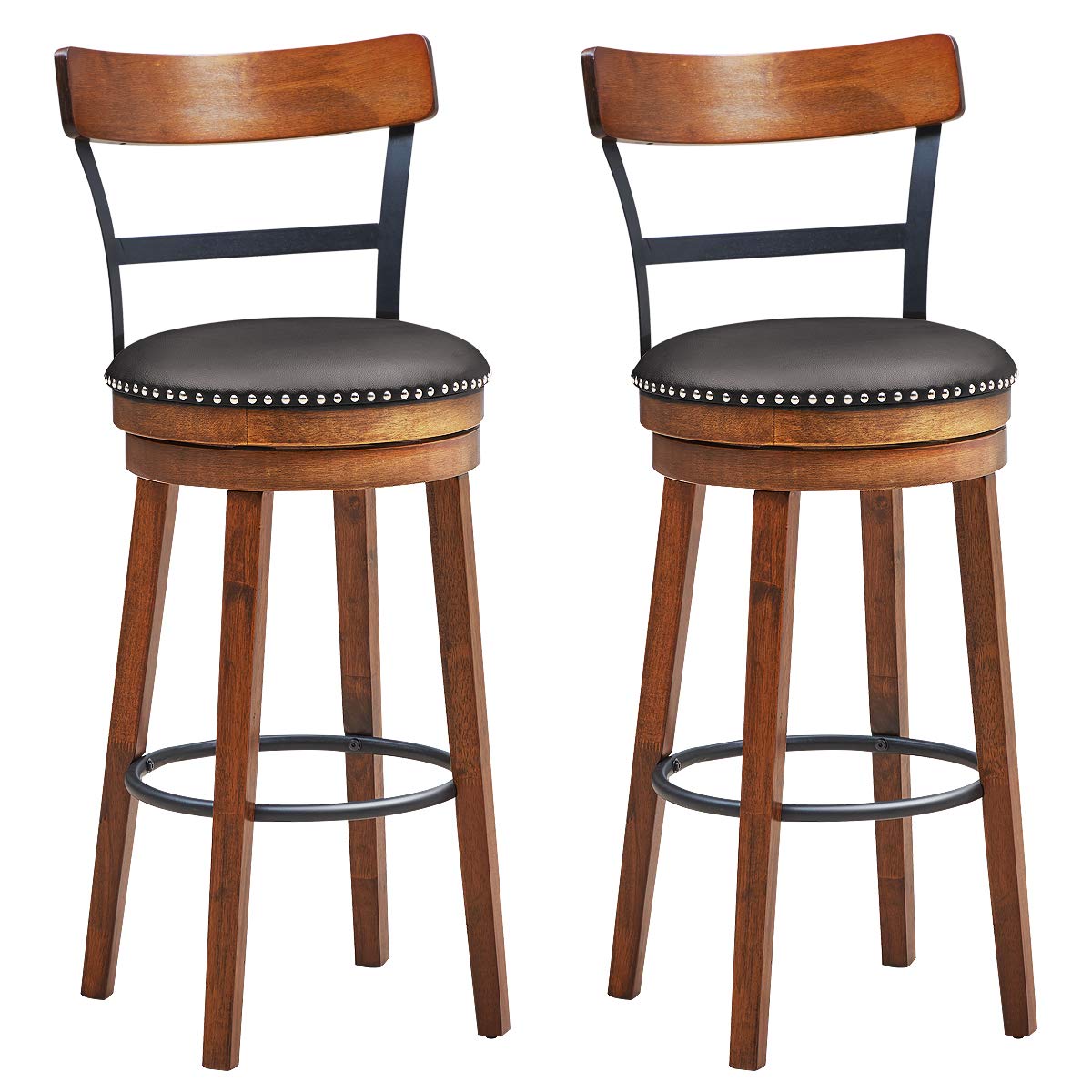 Bar Stools Set of 1/2/4, 360-Degree Swivel Stools with Leather Padded Seat, Single Slat Ladder Back & Solid Rubber Wood Legs