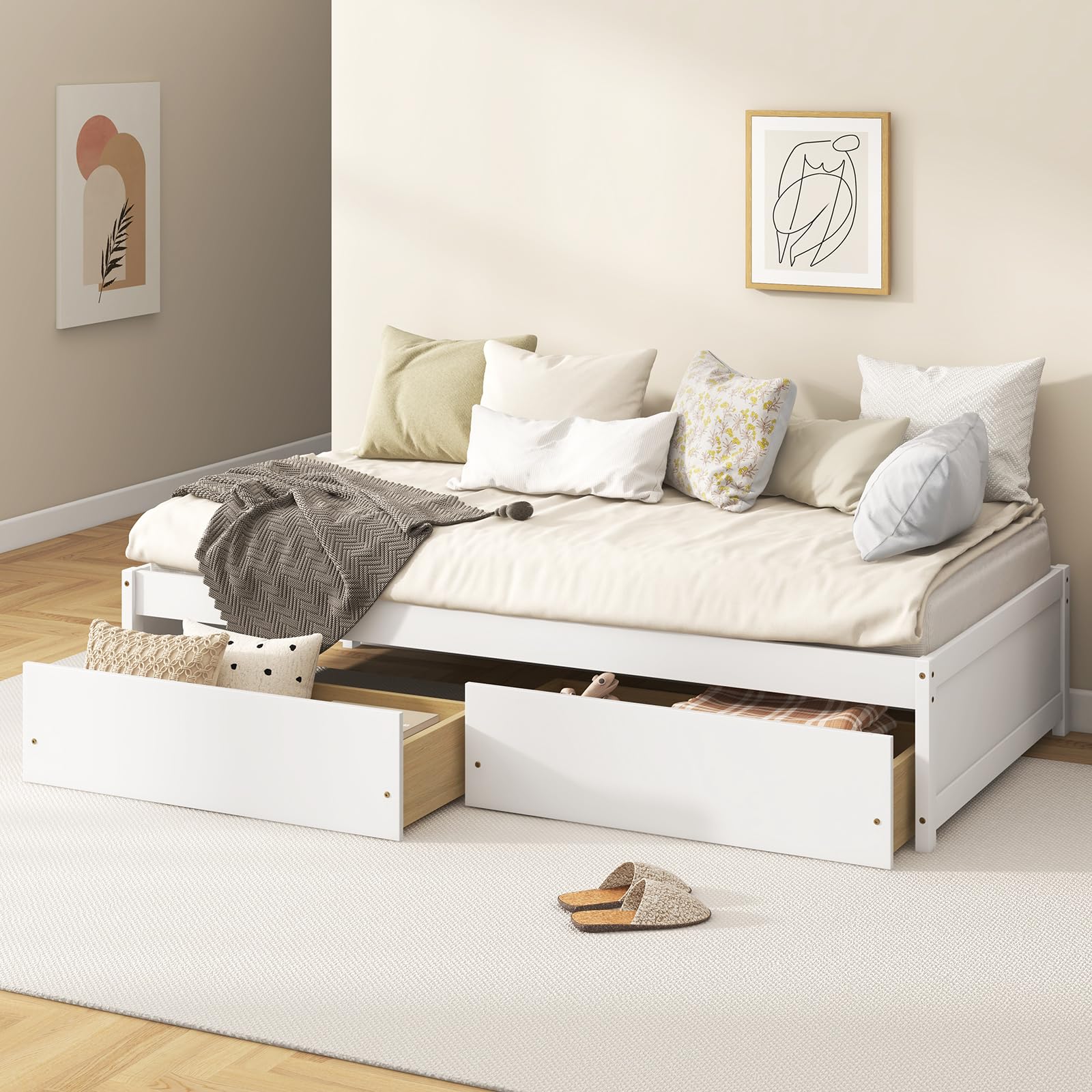 Bed Frame with 2 Storage Drawers, Solid Wood Platform Bed with Slats Support