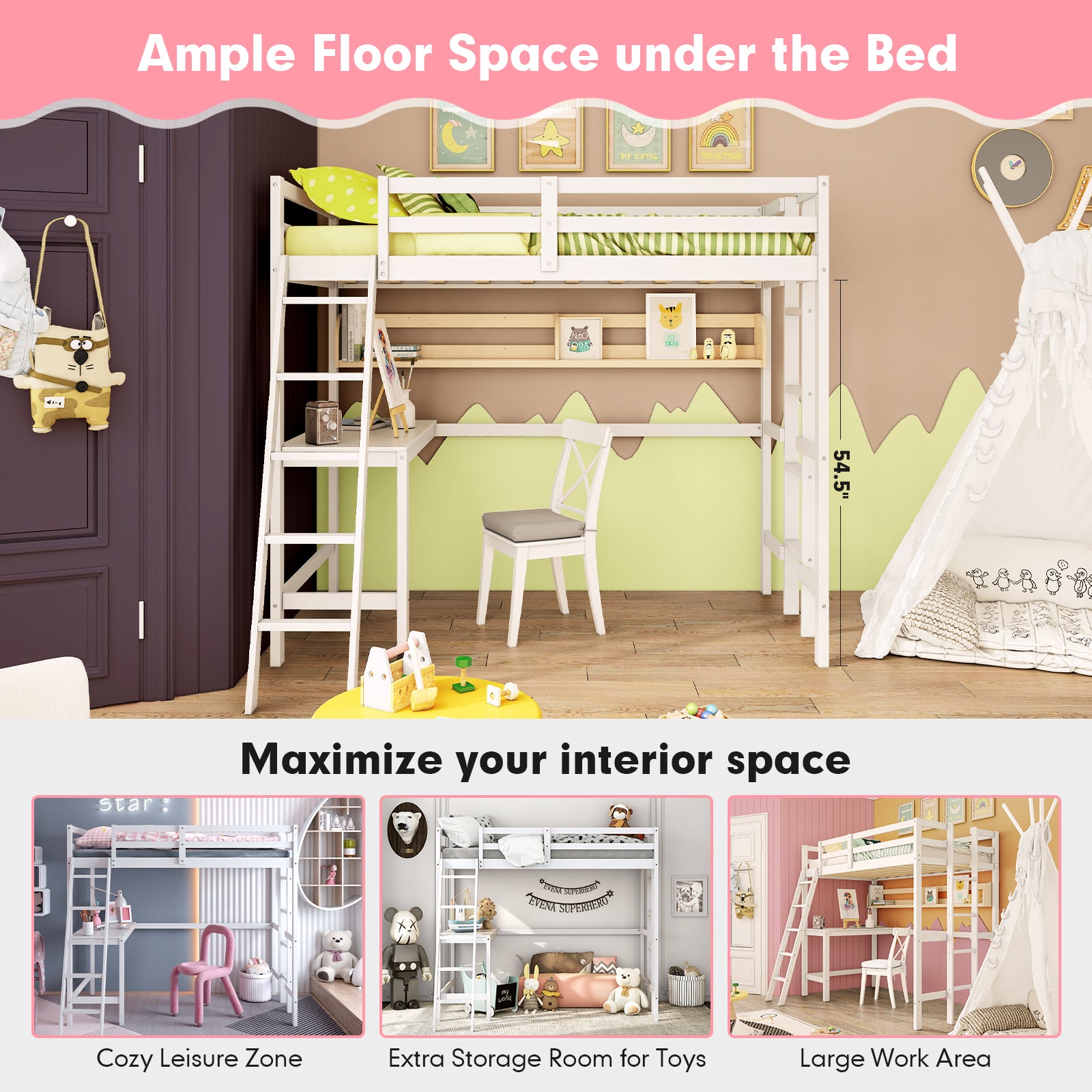 Twin Size Wood Loft Bed with Desk, 2 Ladders, Full Length Guardrail for Kids Teens Adults