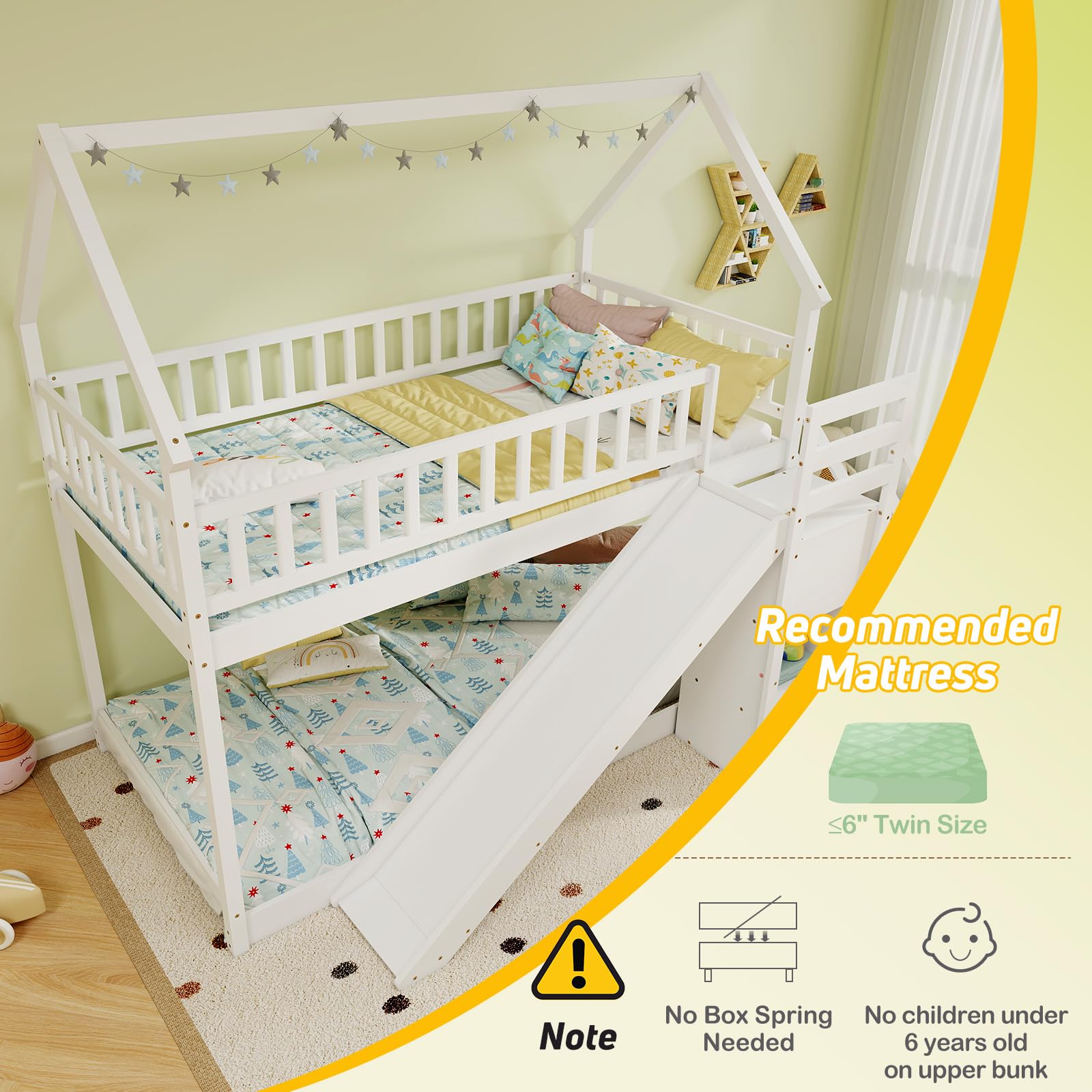 Twin Over Twin  Wood House Bunk Bed with Slide & Stairs, Storage Shelves
