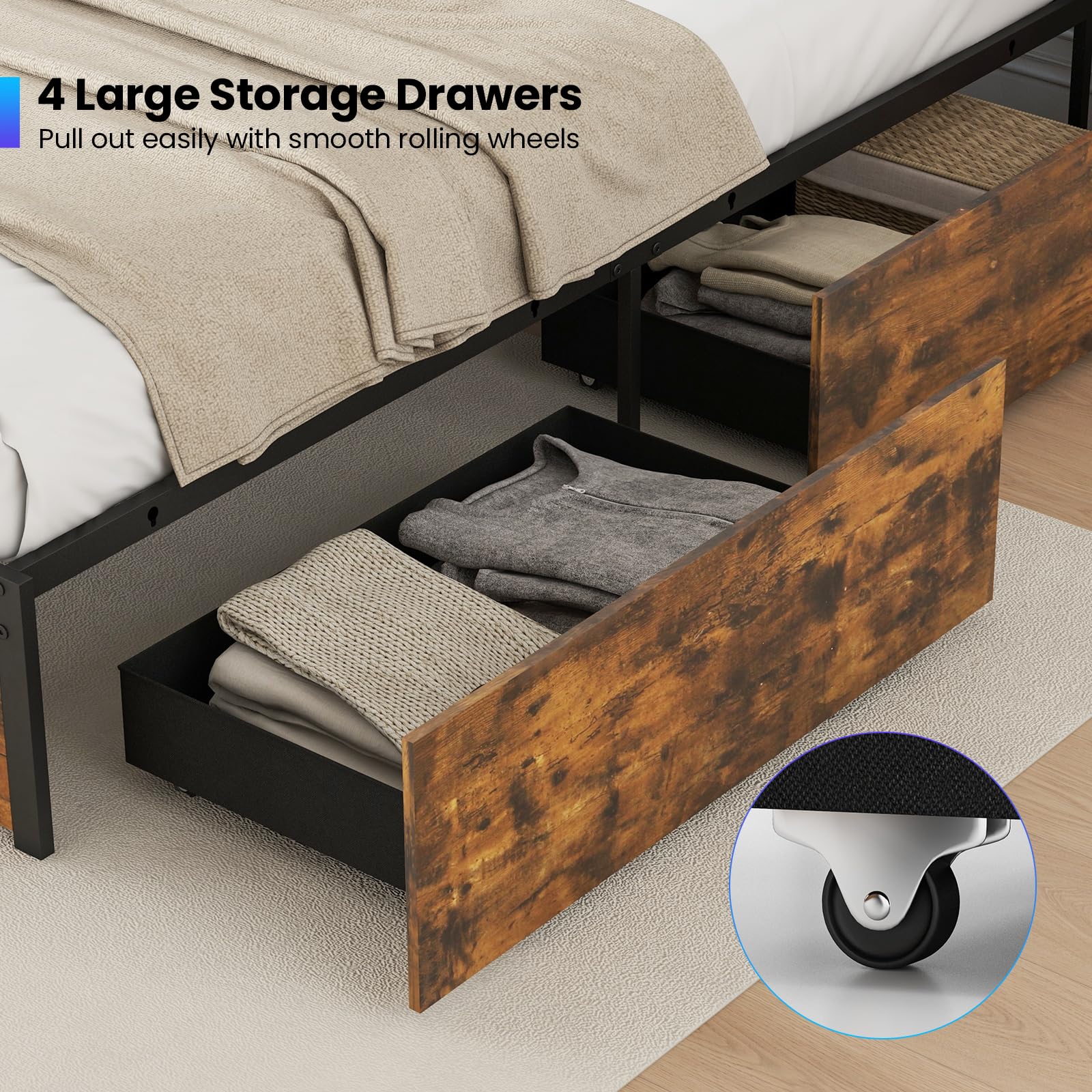 Industrial LED Bed Frame with 4 Storage Drawers & Charging Station