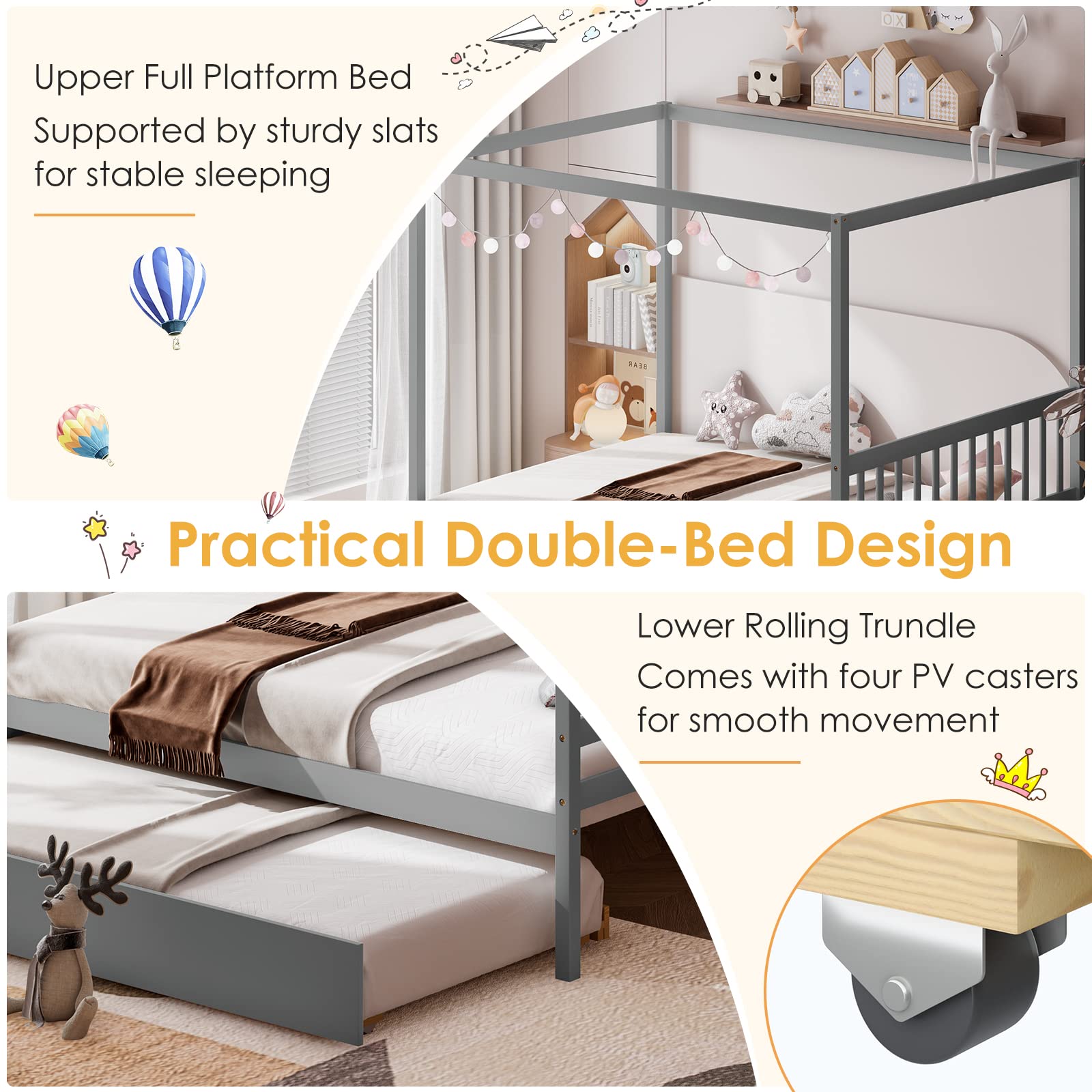 Wood Canopy Bunk Bed with Trundle, Full Size Solid Wood Platform Bed with Headboard