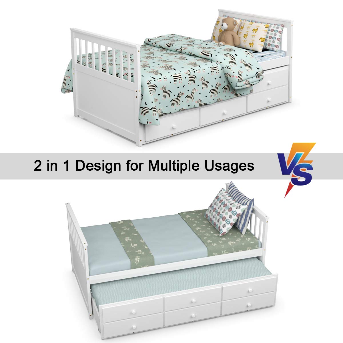 Twin Captain&rsquo;s Bed with Trundle Bed, Wood Storage Daybed with 3 Storage Drawers