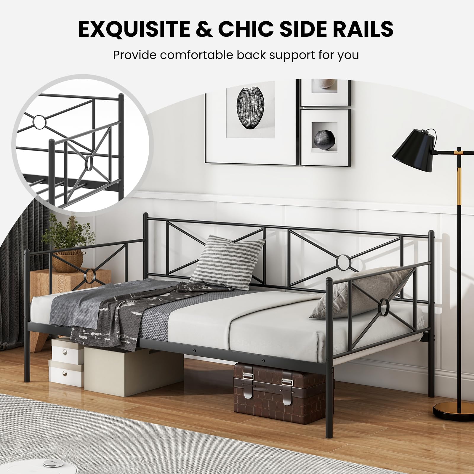 Twin Size Metal Daybed Frame, Heavy-Duty Steel Slats Support Platform Bed Frame, Multifunctional Sofa Guest Bed with Headboard