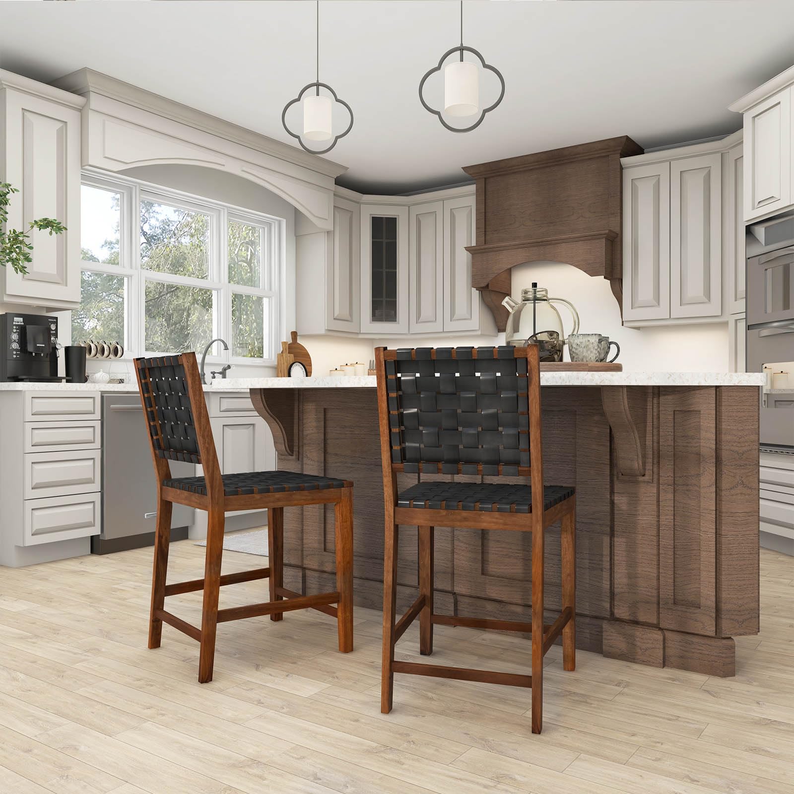 24" Counter Height Bar Stools Set of 2/4, Solid Wood Woven Rustic Barstools w/Faux PU Leather Straps