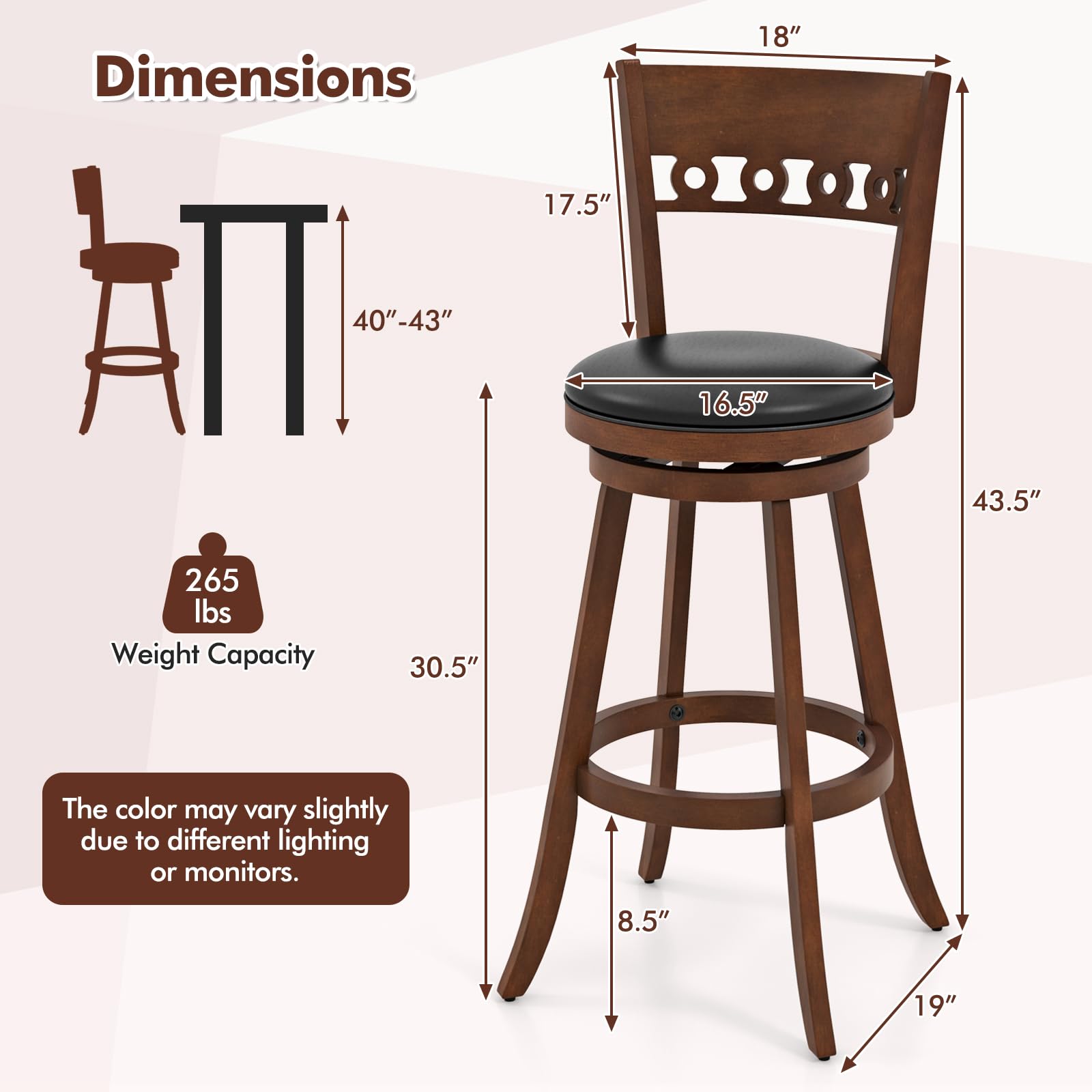 Swivel Bar Stools Set of 2/4, Bar Chairs with Back, Rubber Wood Frame