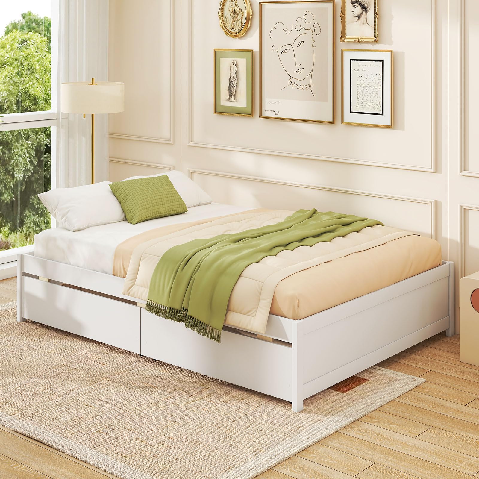 Bed Frame with 2 Storage Drawers, Solid Wood Platform Bed with Slats Support