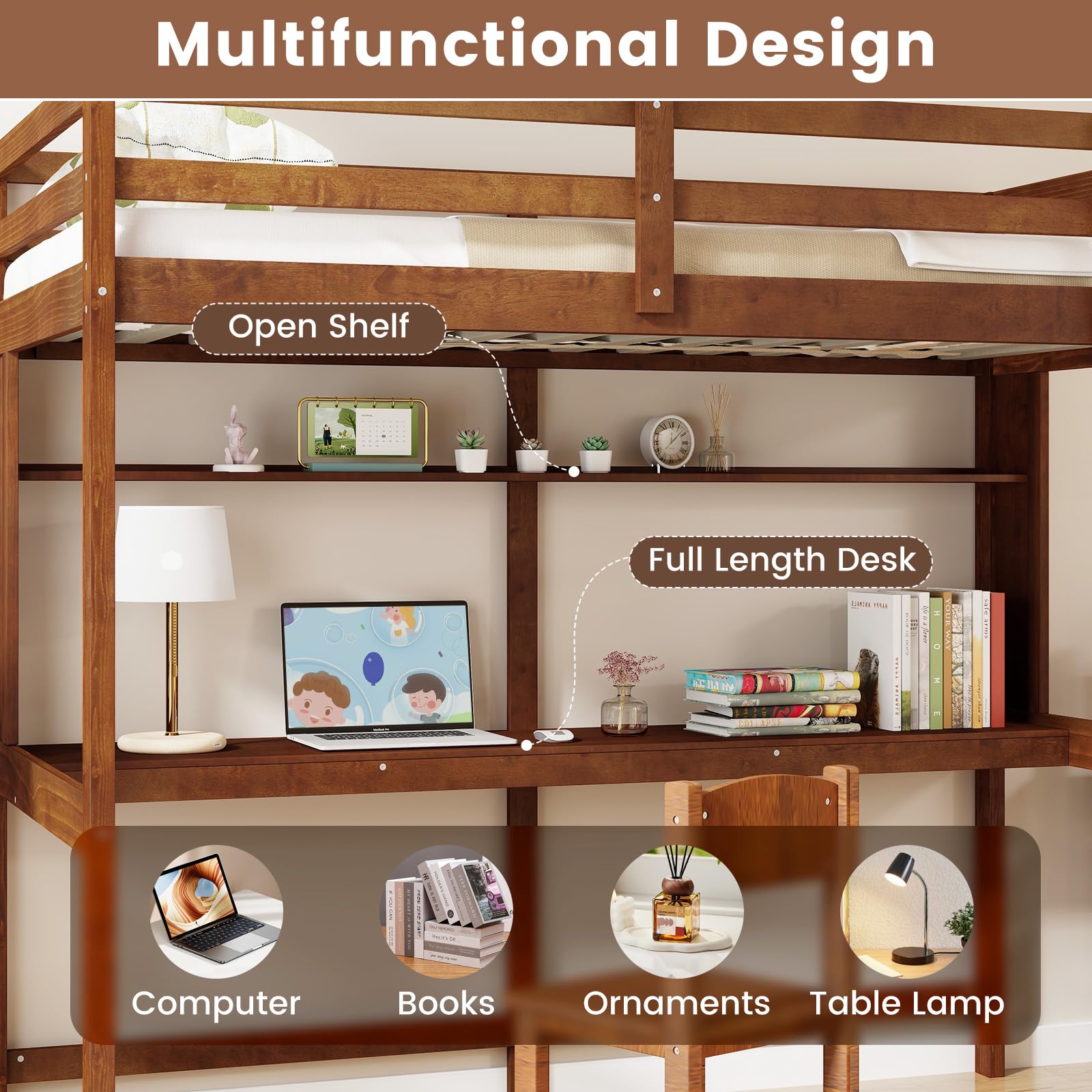 Twin Size Loft Bed with Desk, Bookshelf, Full Length Safety Guardrail & Ladder