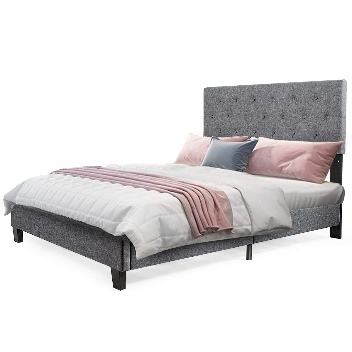 Shalini Upholstered Panel Platform Bed Frame with Diamond Stitched Linen Panel Headboard