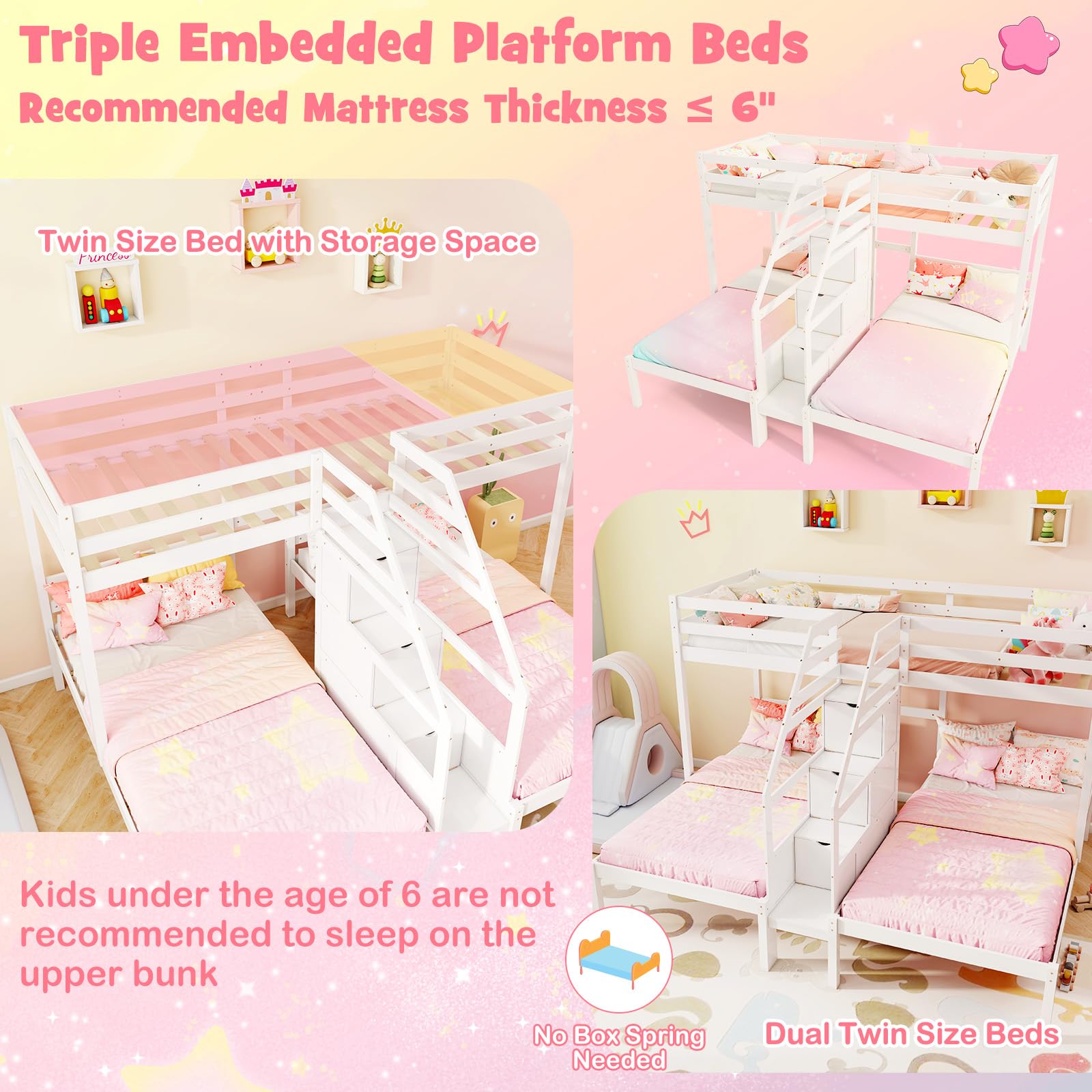 Triple Bunk Beds with 4-Step Storage Stair, Guardrail & Solid Wood Structure