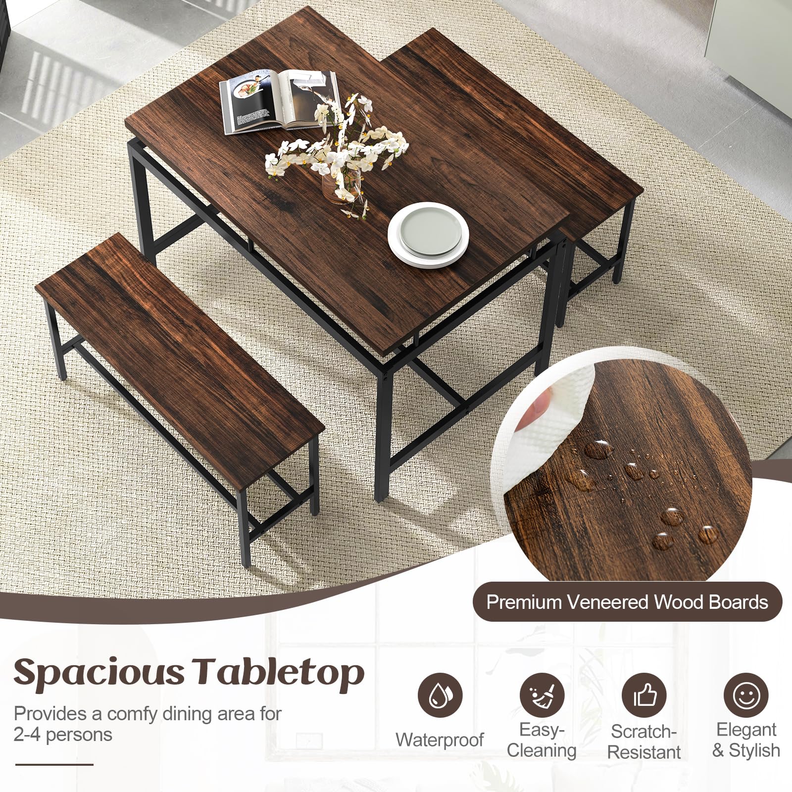 Dining Table Set for 4 with 2 Benches, Metal Frame