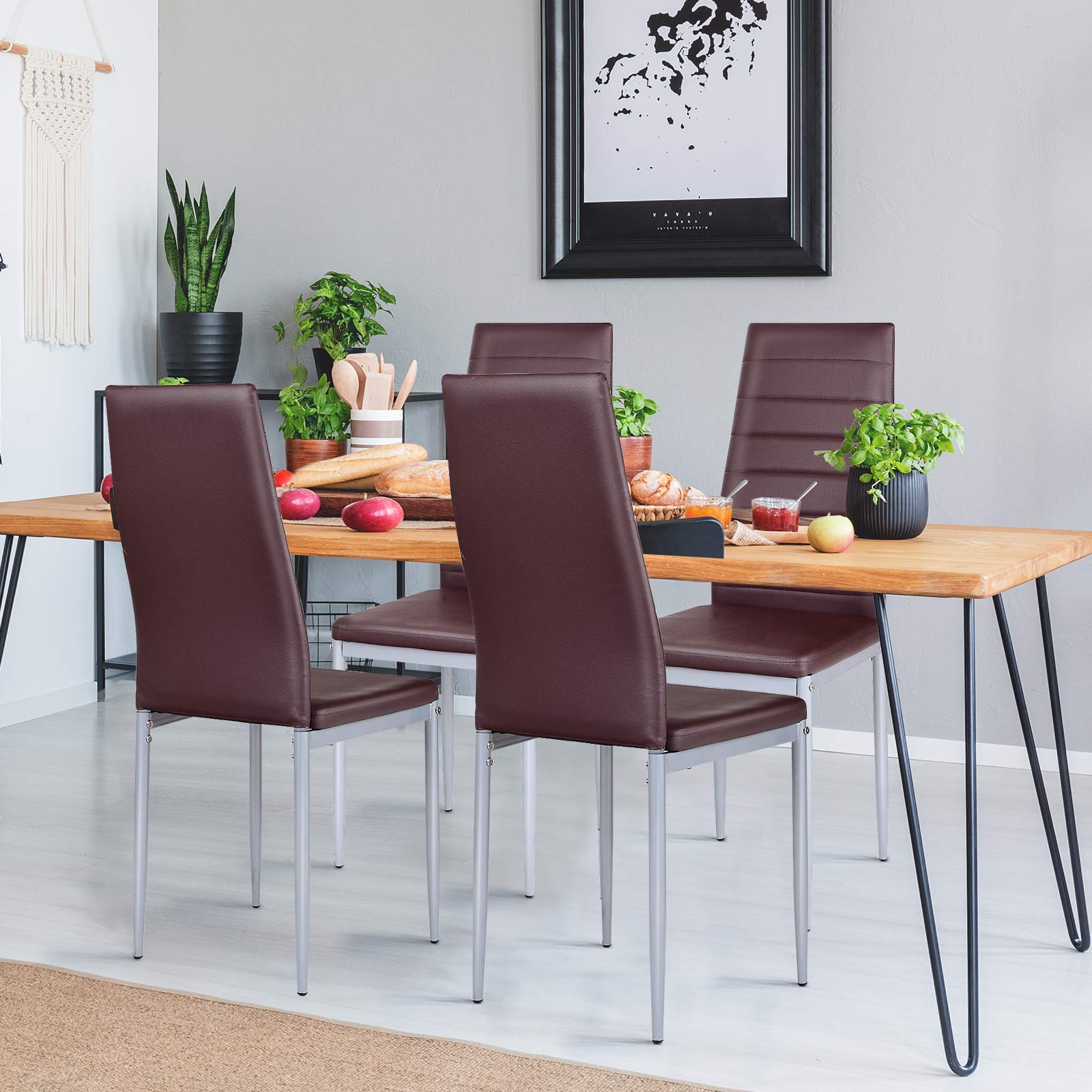PU Leather Dining Chairs Set of 4, Upholstered Side Chairs w/Ergonomic High Backrest & Steel Frame