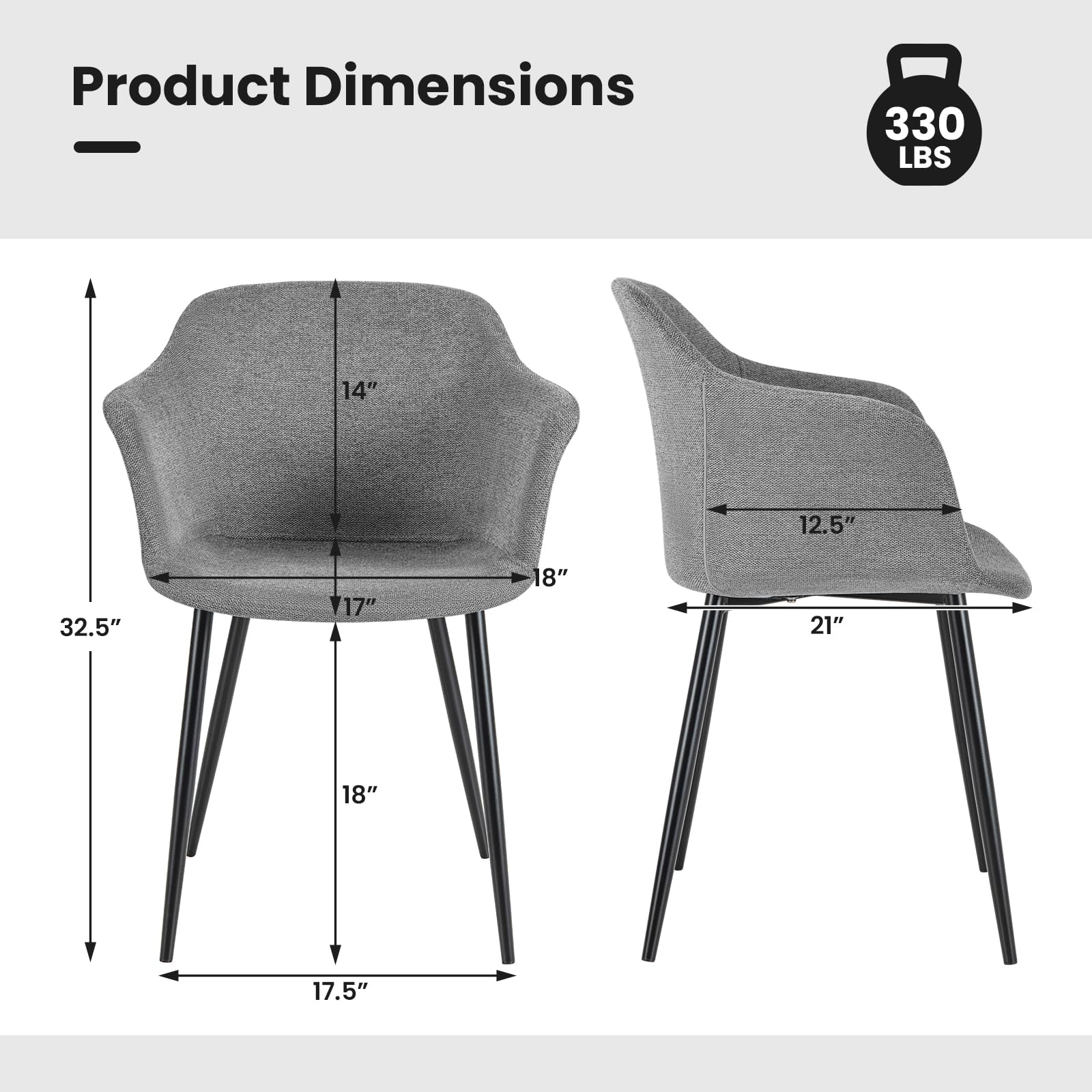 Dining Chairs Set of 2/4, Upholstered Kitchen Chairs with Arms, Dining Room Chairs with Metal Frame, 17"(D)x18"(W) Wide Seat