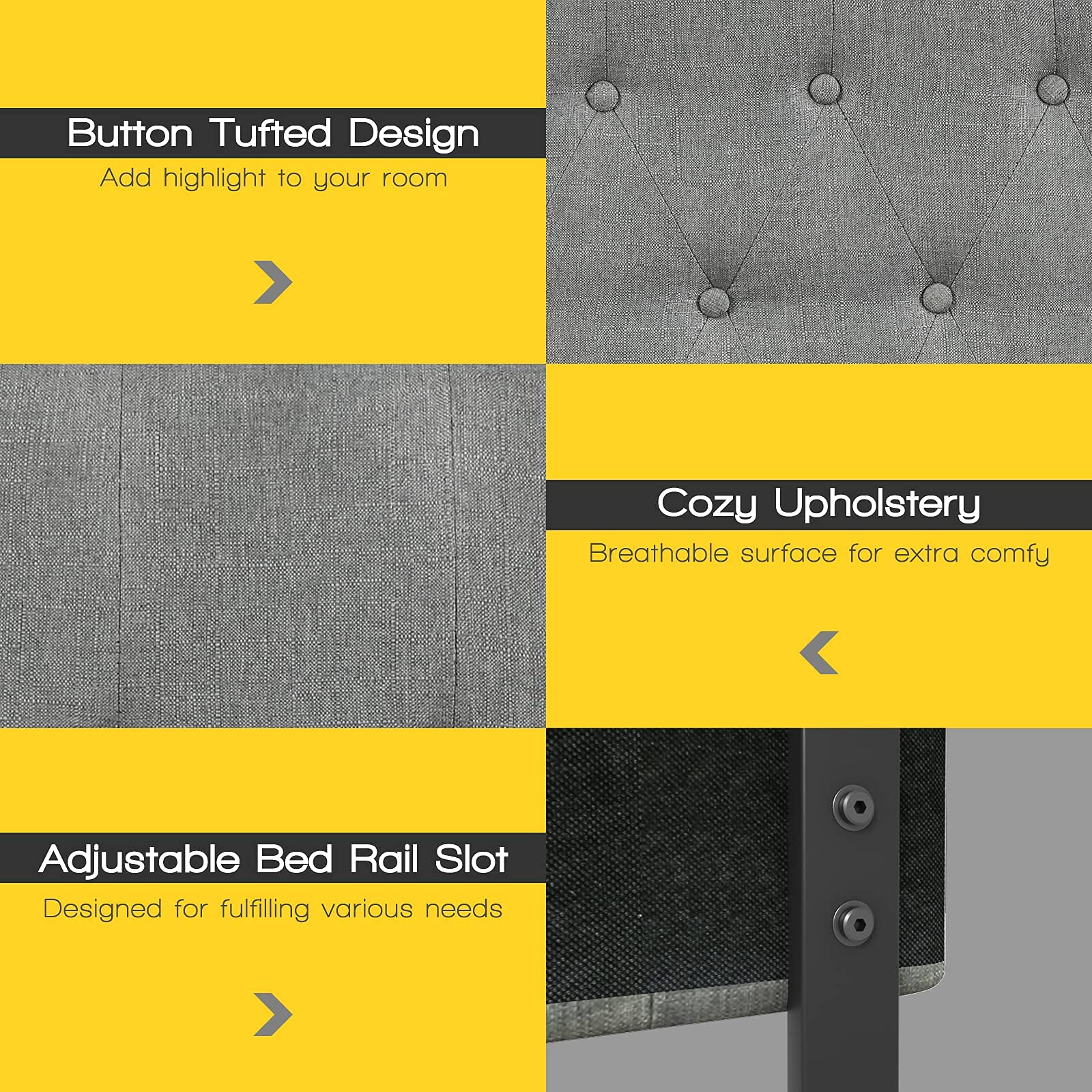 Upholstered Headboard, Adjustable Height from 38" to 53" Platform