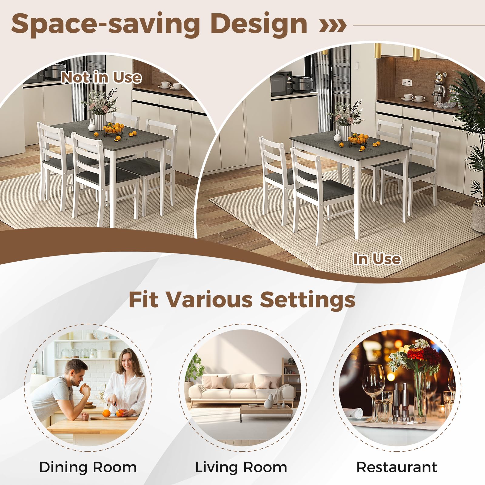 Dining Table Set for 4, Farmhouse Solid Wood Dining Set w/Rubber Wood Legs