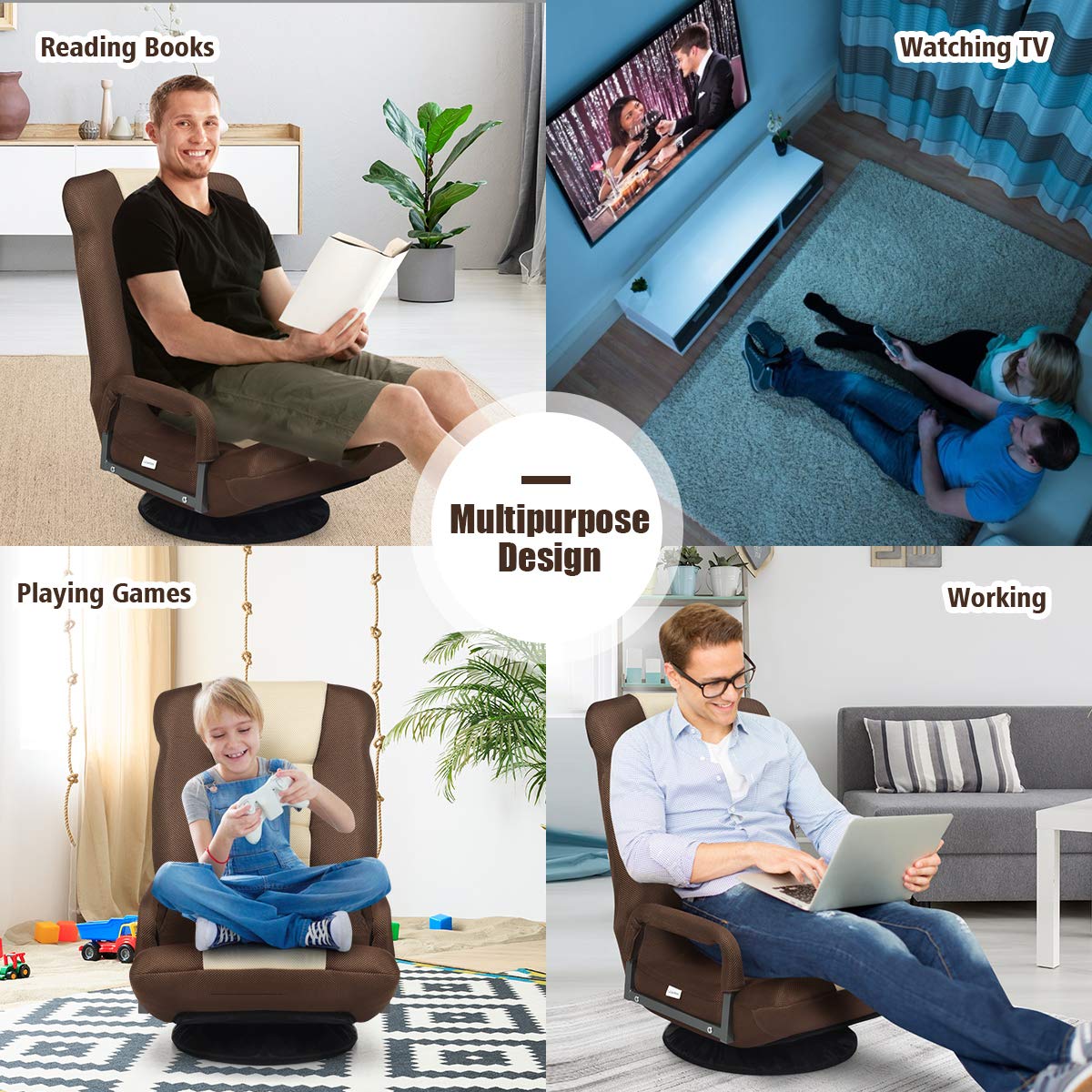360-Degree Foldable Swivel Gaming Floor Chair With 6 Adjustable Position, Armrests, Padded Backrest