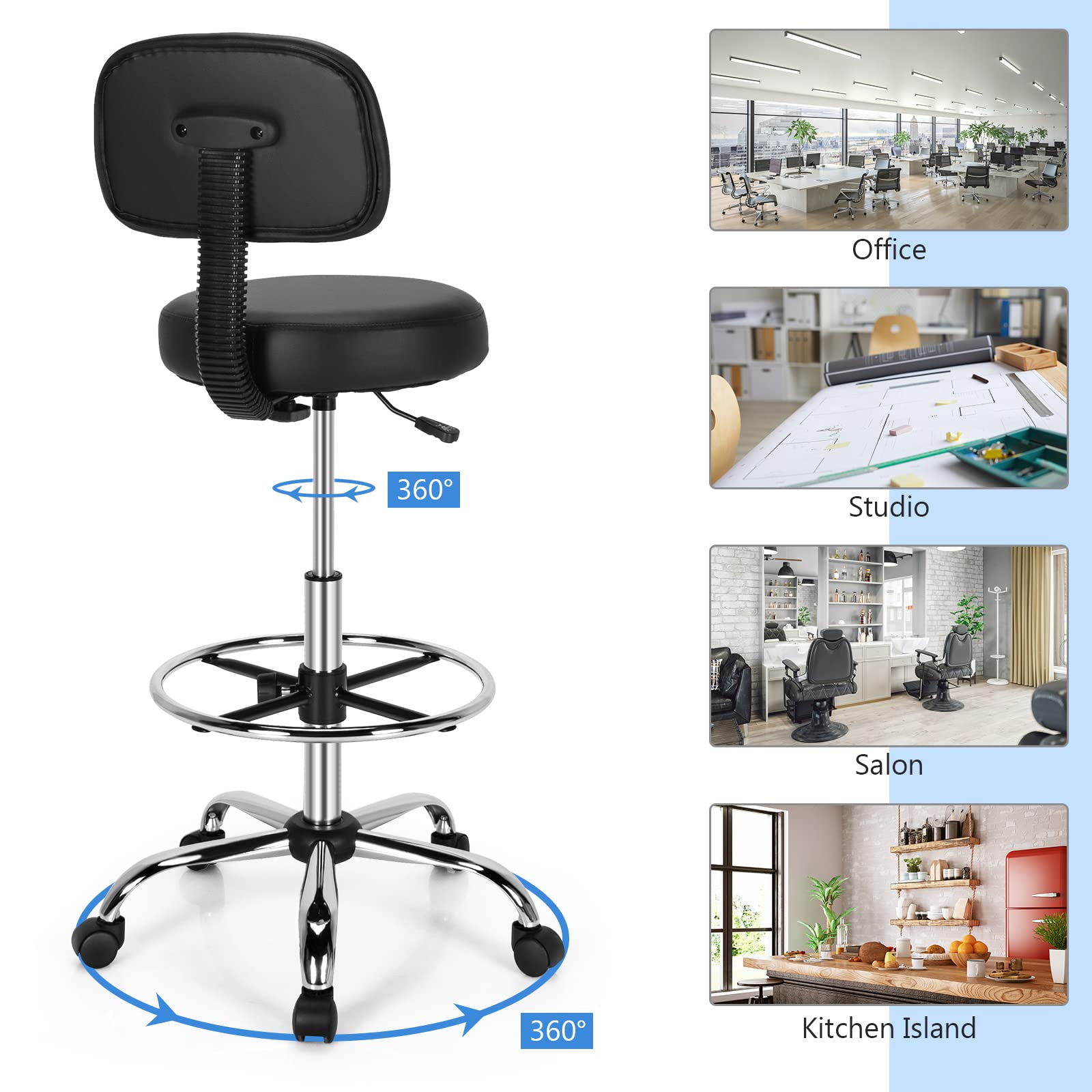 PU Leather Drafting Chair, Tall Office Chair with Retractable Mid Back, Standing Desk Chair with Adjustable Foot Ring