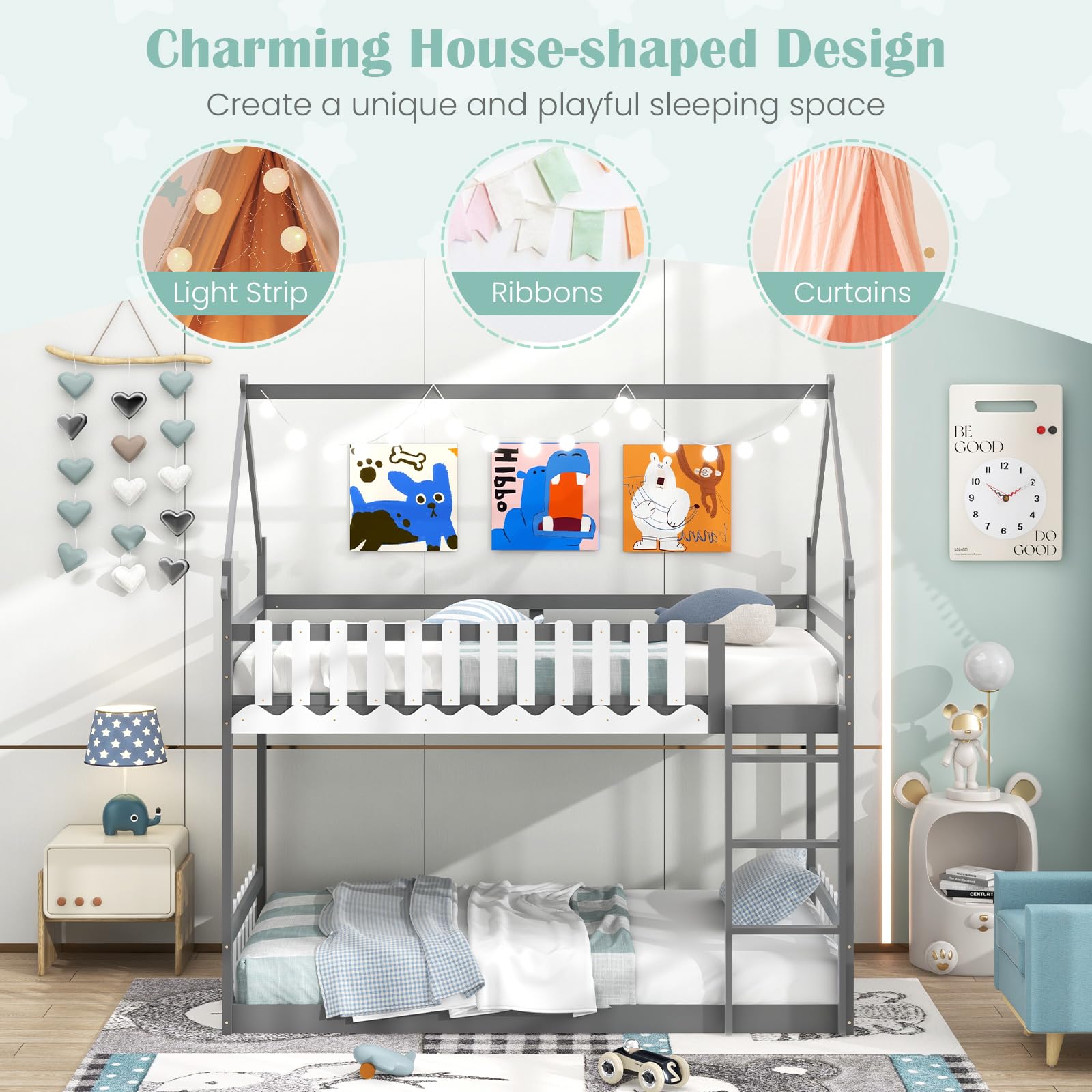 Wood Twin Over Twin House Bunk Bed, Solid Wood Low Bunk Bed with Ladder, Safety Guardrails & Fences