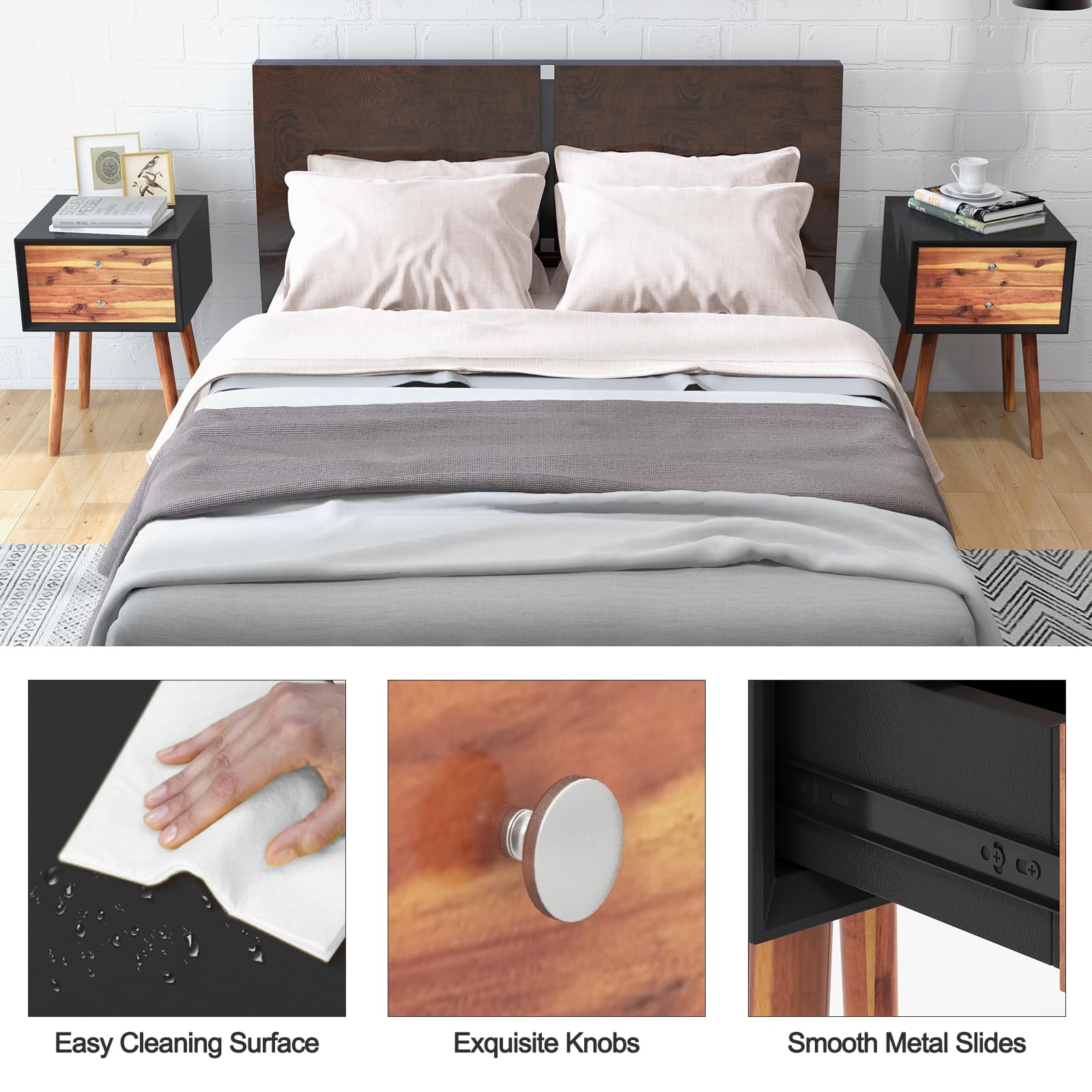 2-Drawer Nightstand, Mid-Century Modern Bed Side Table with Storage