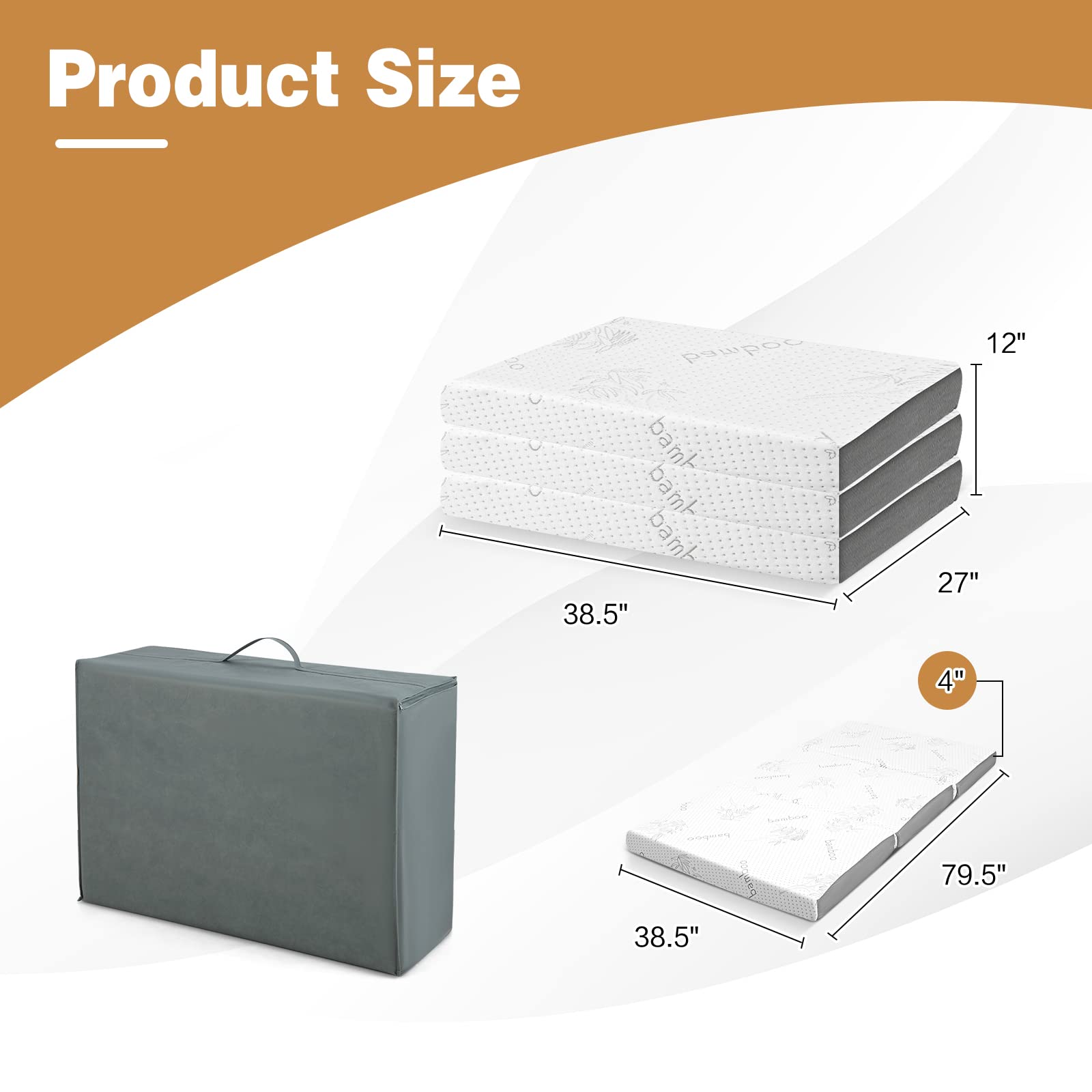 4" Tri-Folding Mattress with Storage Bag, Cool Gel Memory Foam Mattress with Removable Bamboo Cover