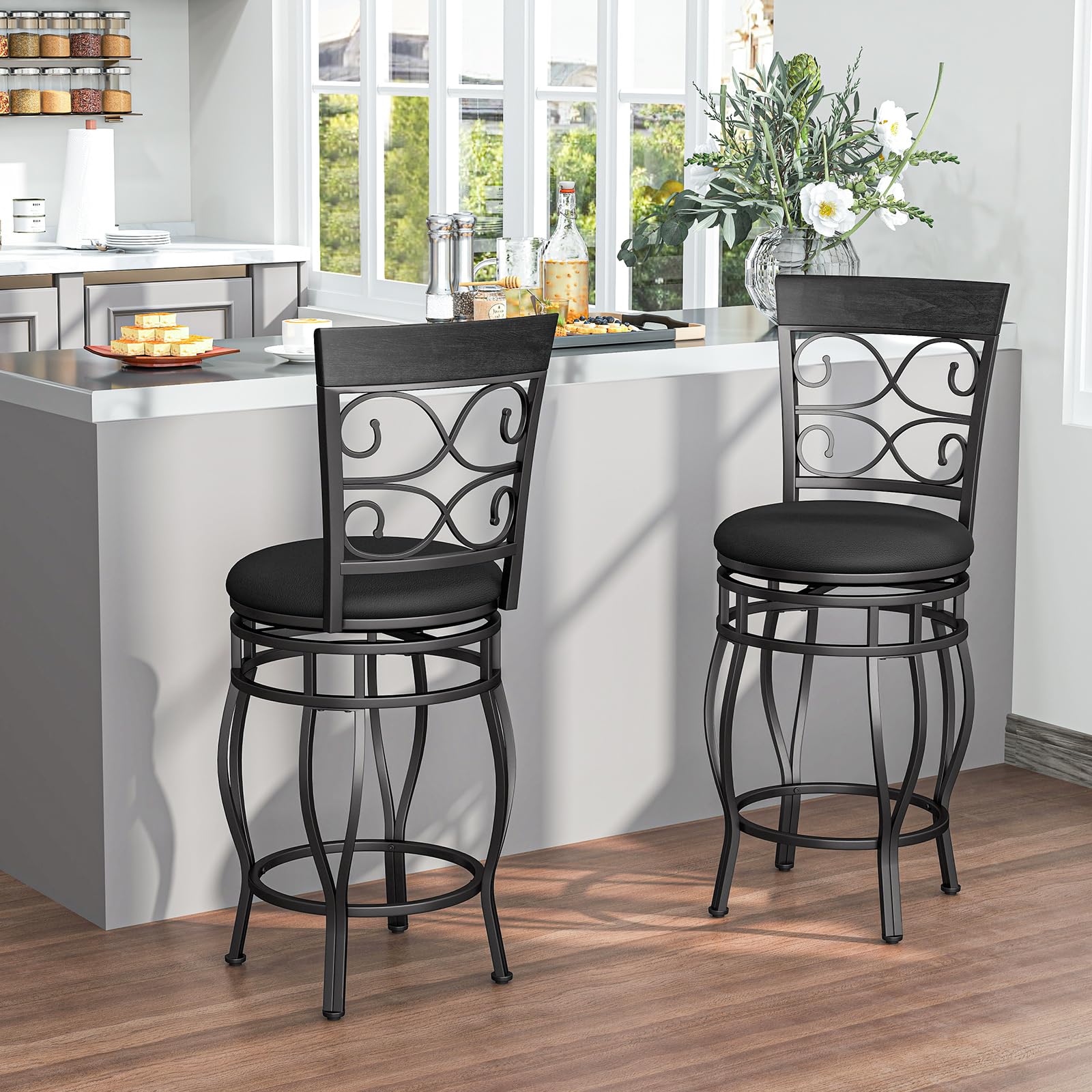 Swivel Bar Stools Set of 2/4, Counter Height Bar Stools with Back, Upholstered PU Leather Seat, Footrest