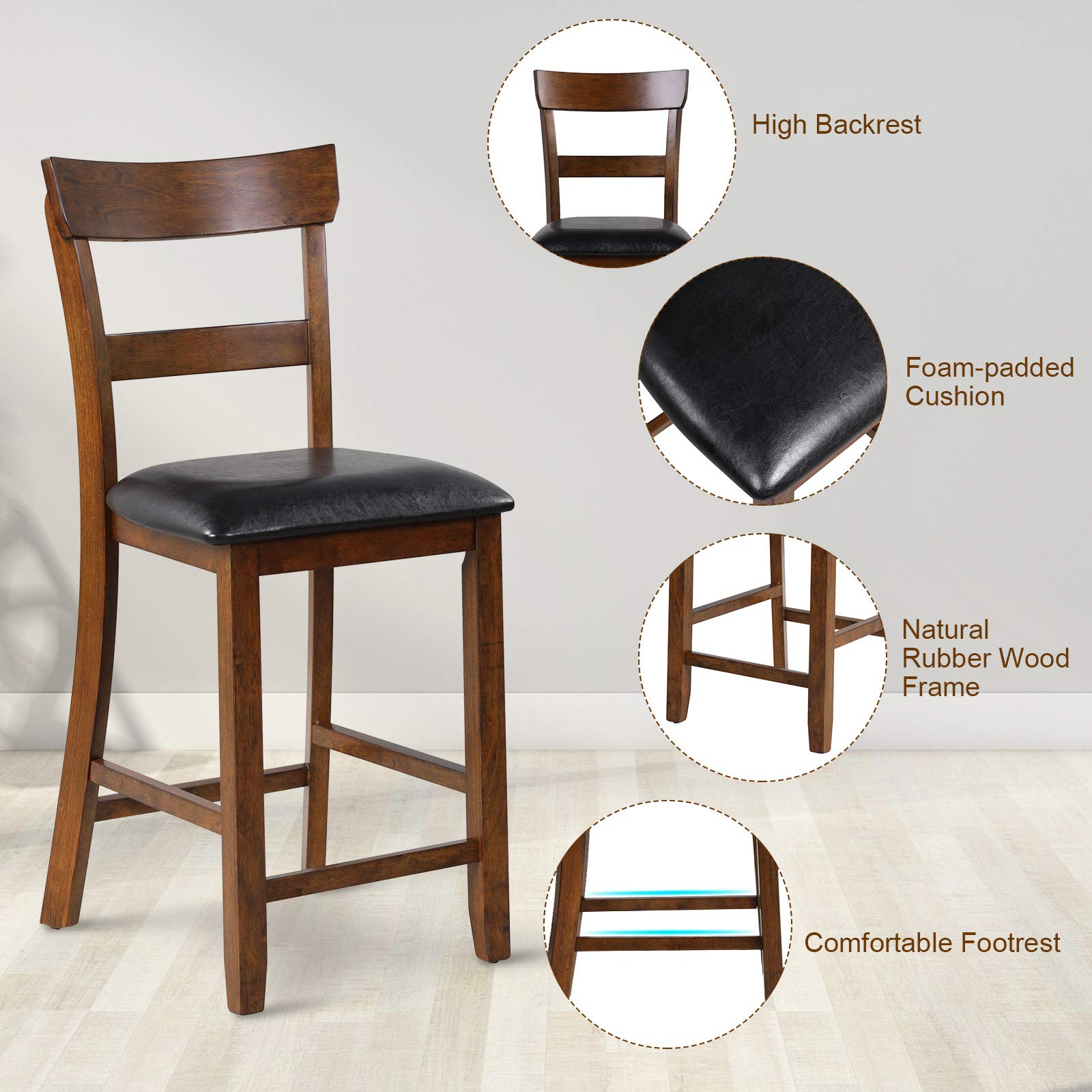 Bar Stools Set of 2/4, 25.5-Inch Counter Height Chair with Backrest, Foam-Padded Cushion, Rubber Wood Legs
