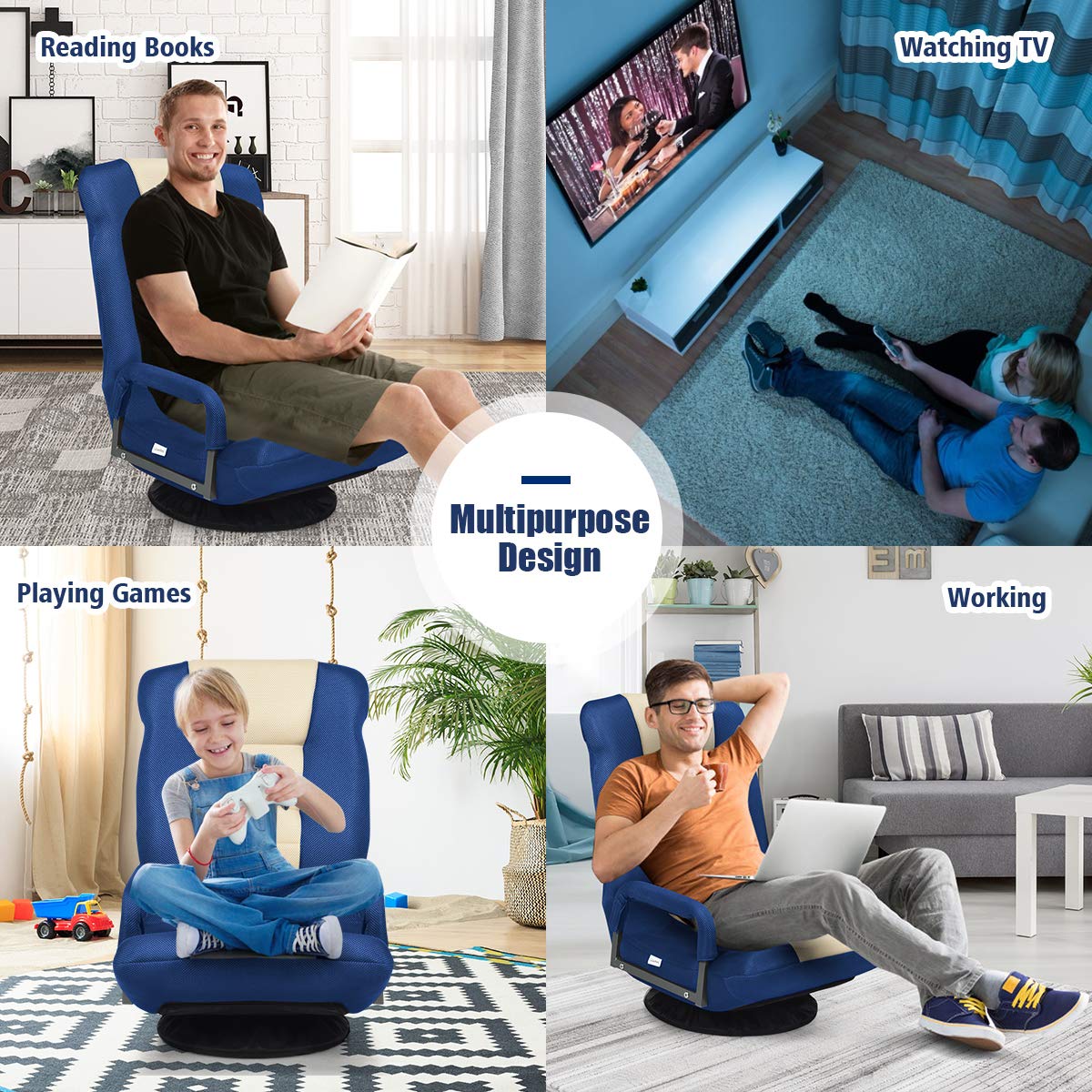 360-Degree Foldable Swivel Gaming Floor Chair With 6 Adjustable Position, Armrests, Padded Backrest