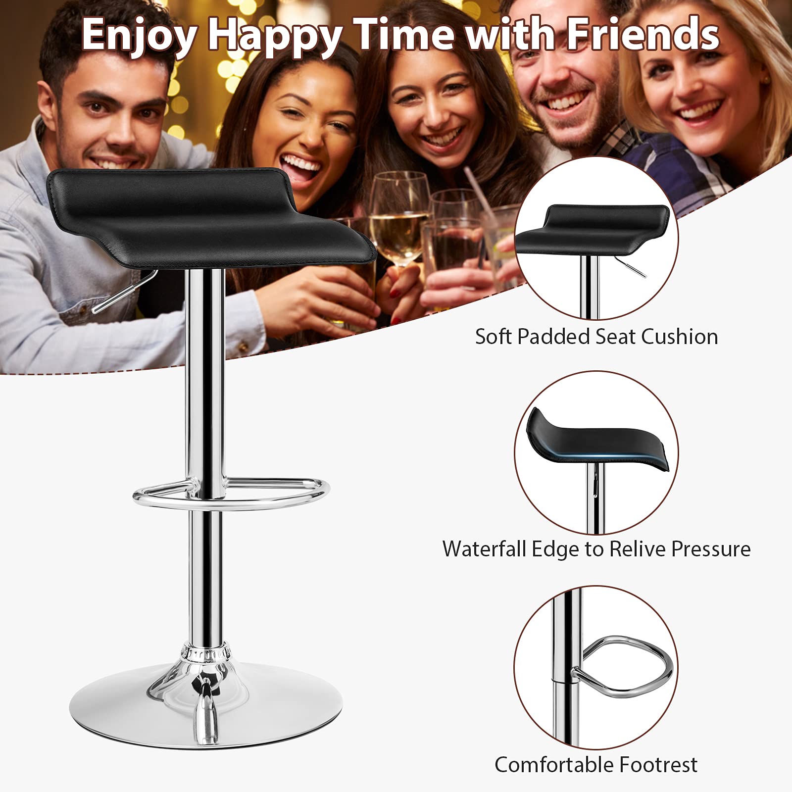 Bar Stools Set of 2/4, Adjustable Swivel PU Leather Barstools w/Footrest, Chrome Base