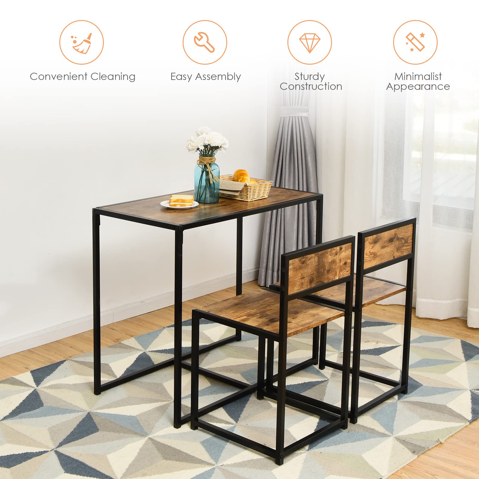 3 Piece Kitchen Table Set with 2 Chairs, Metal Frame