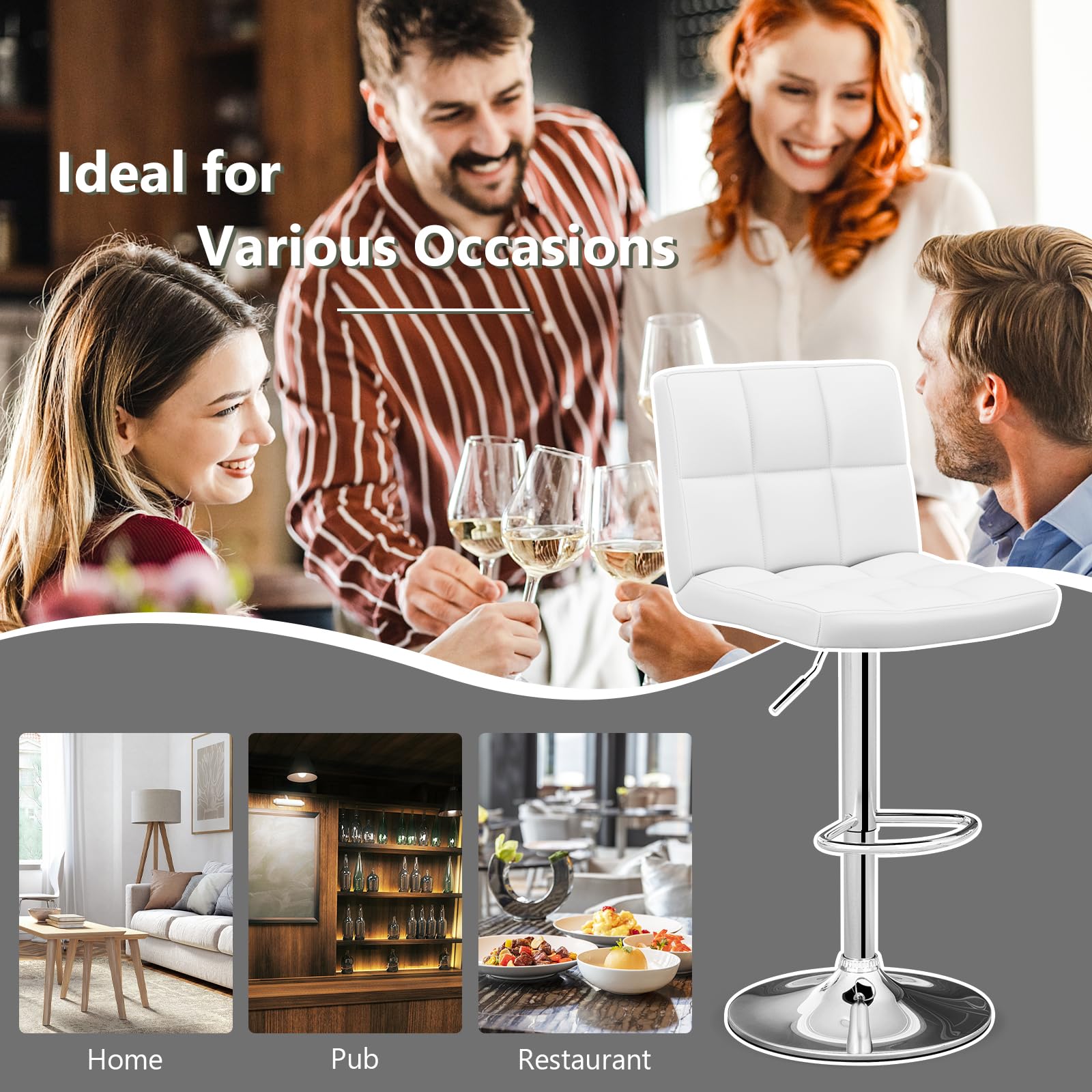 Modern PU Leather Height Adjustable Bar Stools  Set of 1/2 with Back, Footrest, Metal Base
