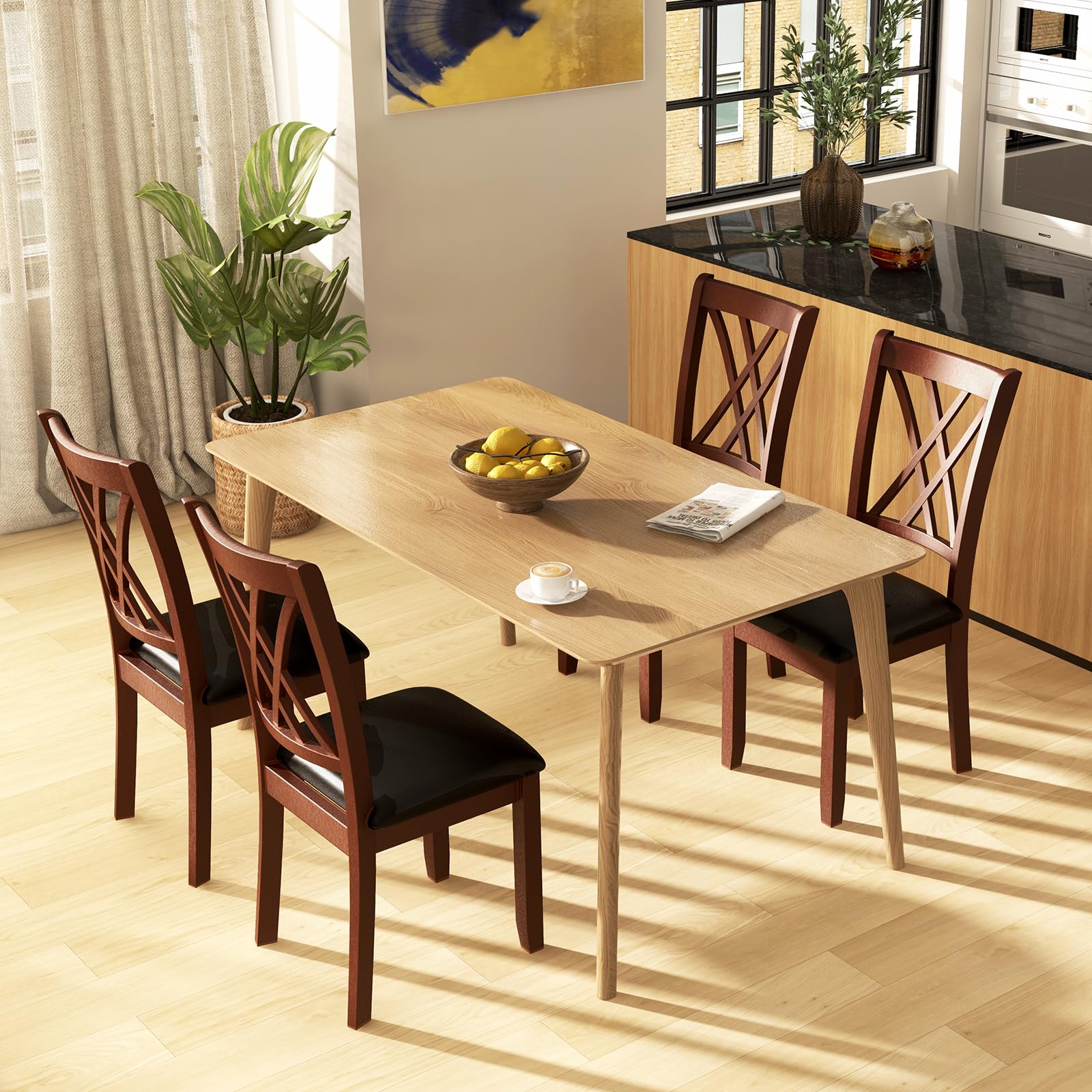 Wood Dining Chairs Set of 2/4, Faux Leather Upholstered Kitchen Chairs with Rubber Wood Legs, Padded Seat