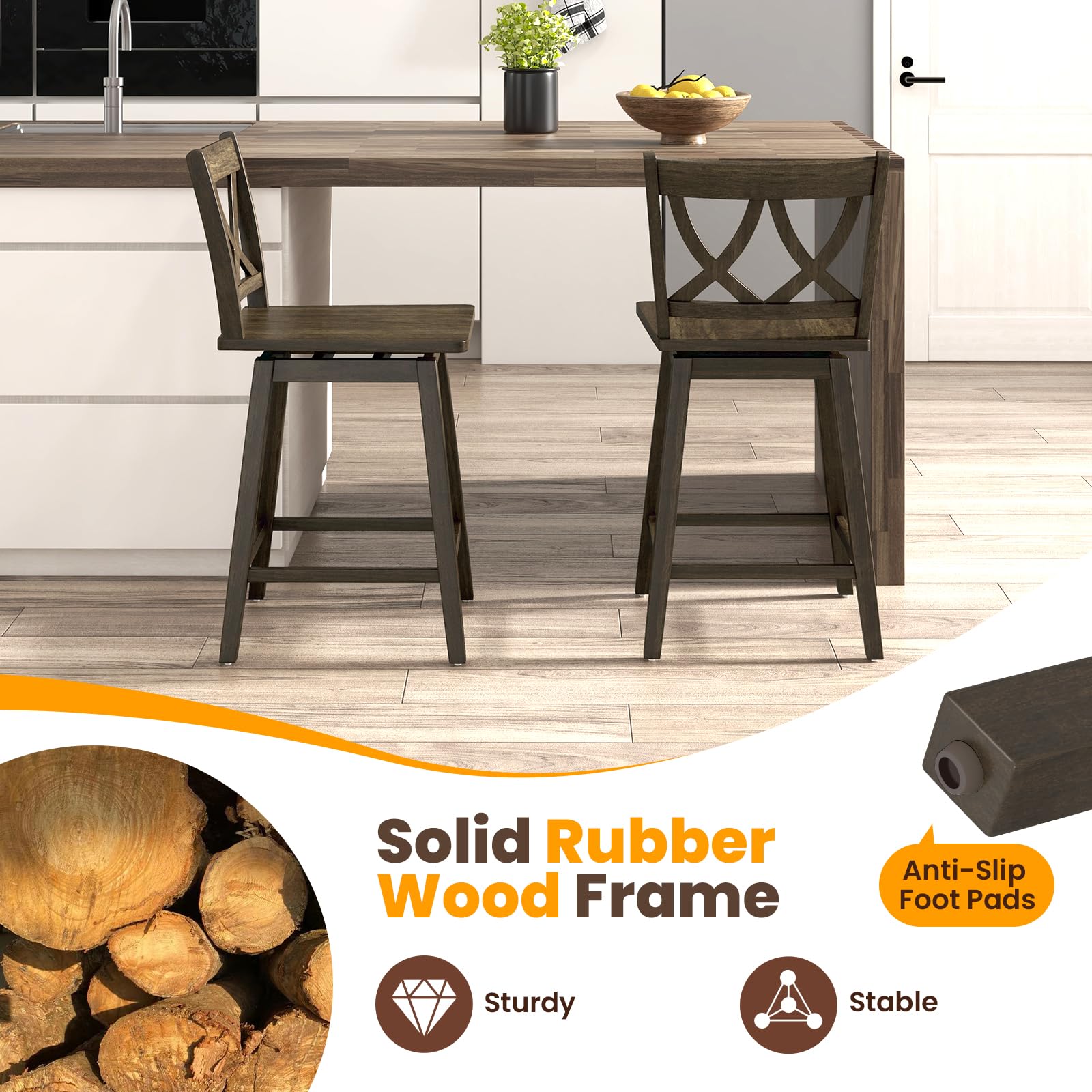 Swivel Wooden Bar Stools Set of 2/4 with Rubber Wood Frame, Footrest & Ergonomic Backrest