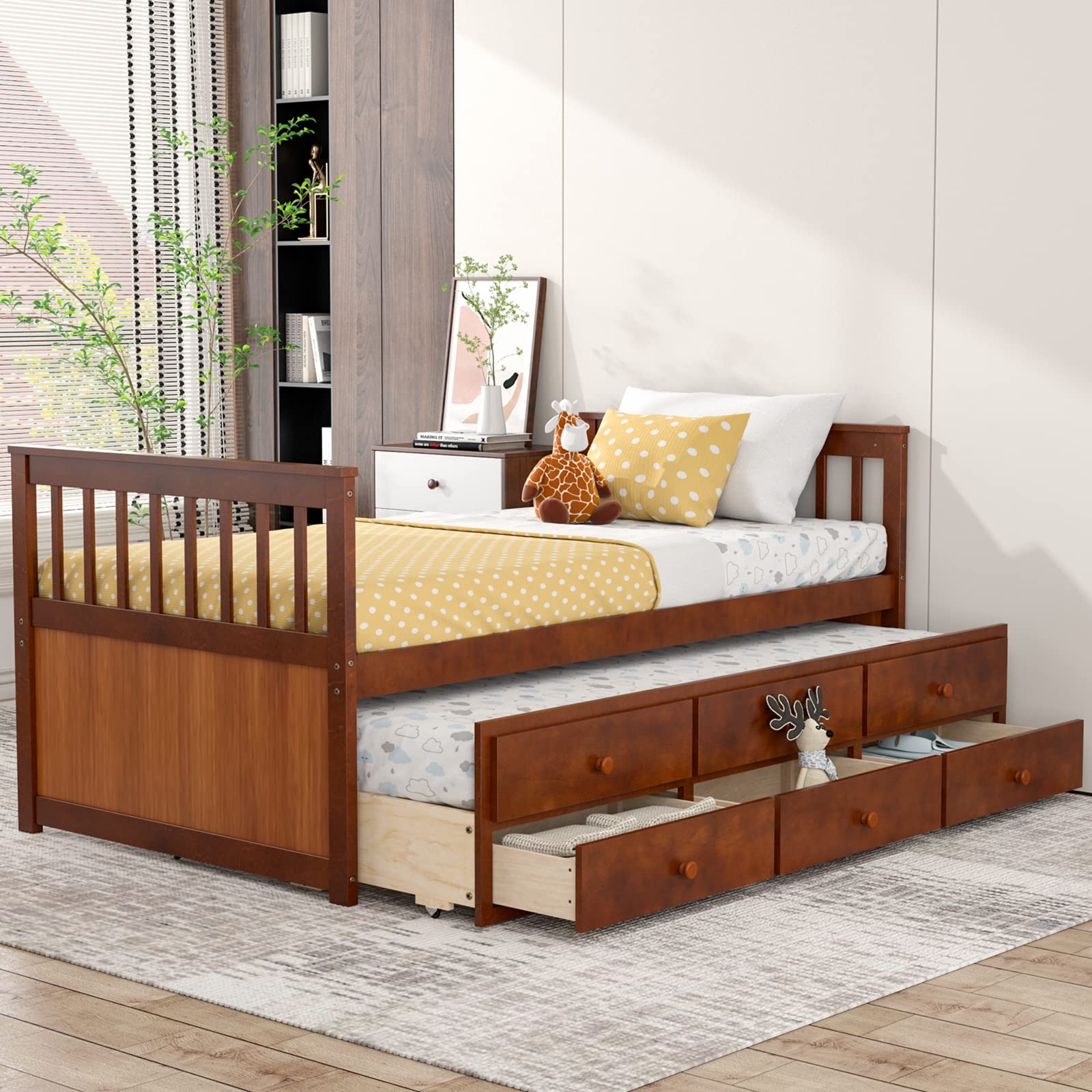 Twin Size Wooden Captain Daybed with Trundle and 3 Storage Drawers