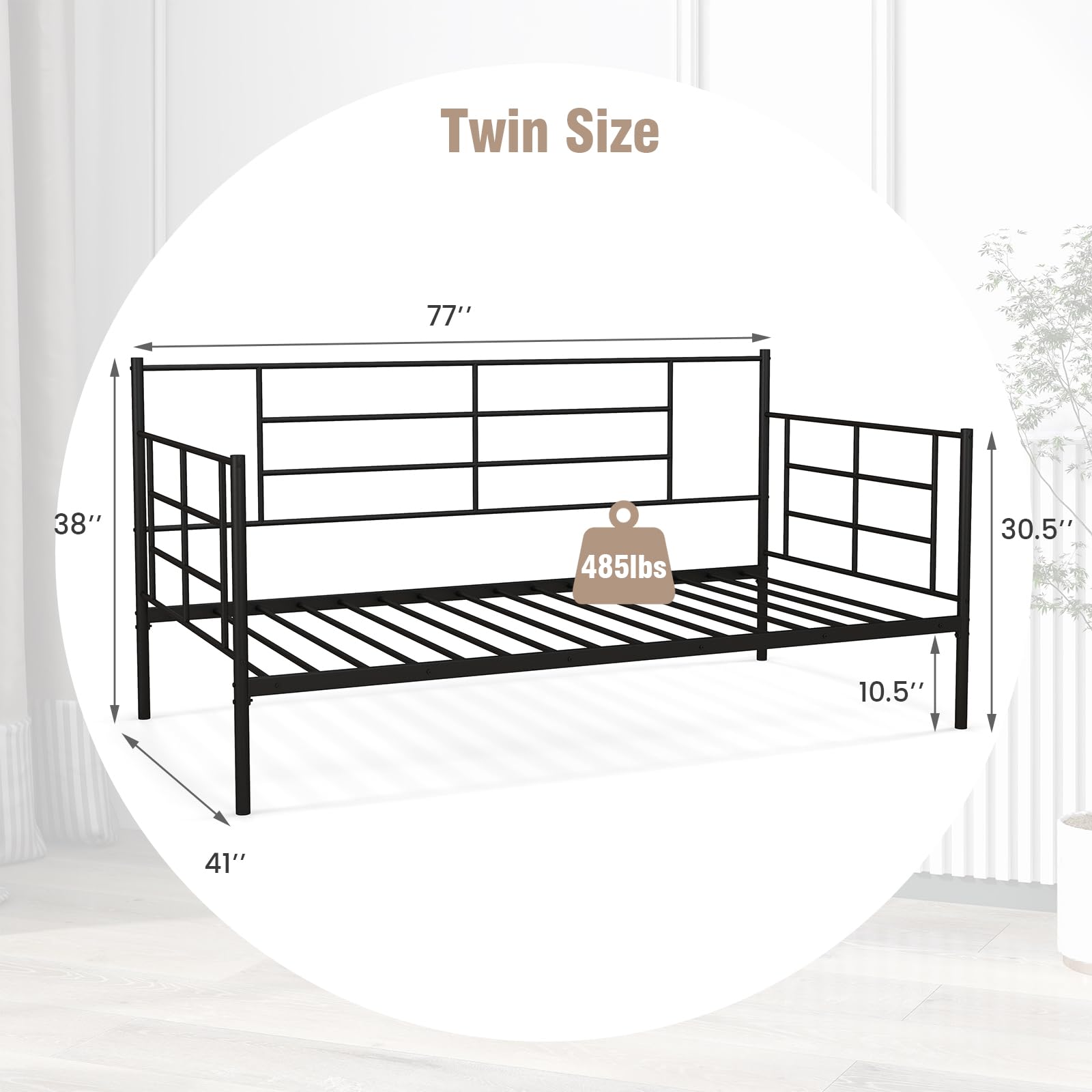 Twin Size Metal Daybed Frame, Heavy-Duty Sofa Bed with Sturdy Metal Slat Support