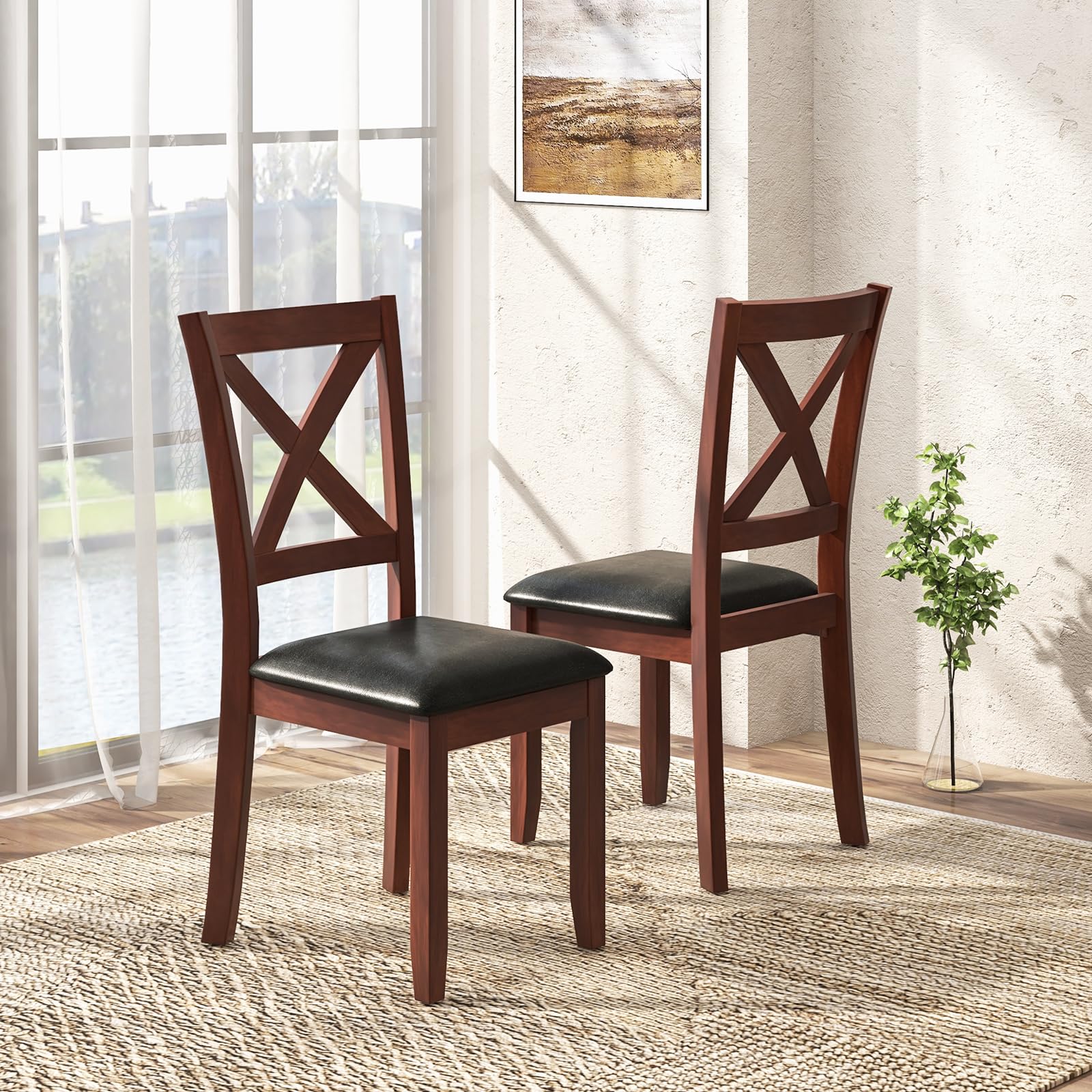 Wood Dining Chairs Set of 2/4, Faux Leather Upholstered Dining Chairs with Rubber Wood Legs