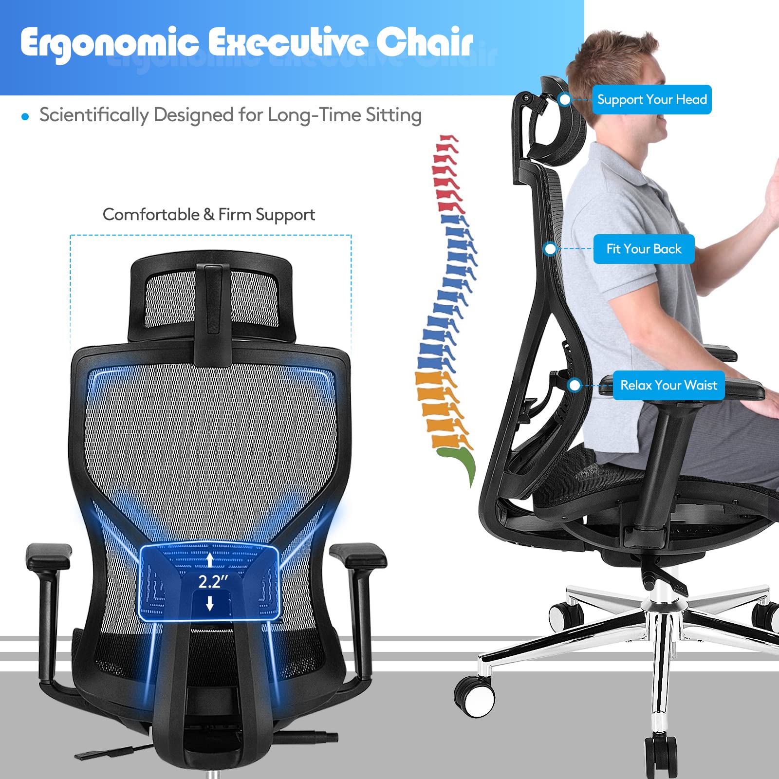 Ergonomic Office Chair, High-Back Mesh Executive Chair, with Adjustable Headrest, 3D Armrest, Lumbar Support, Reclining Backrest