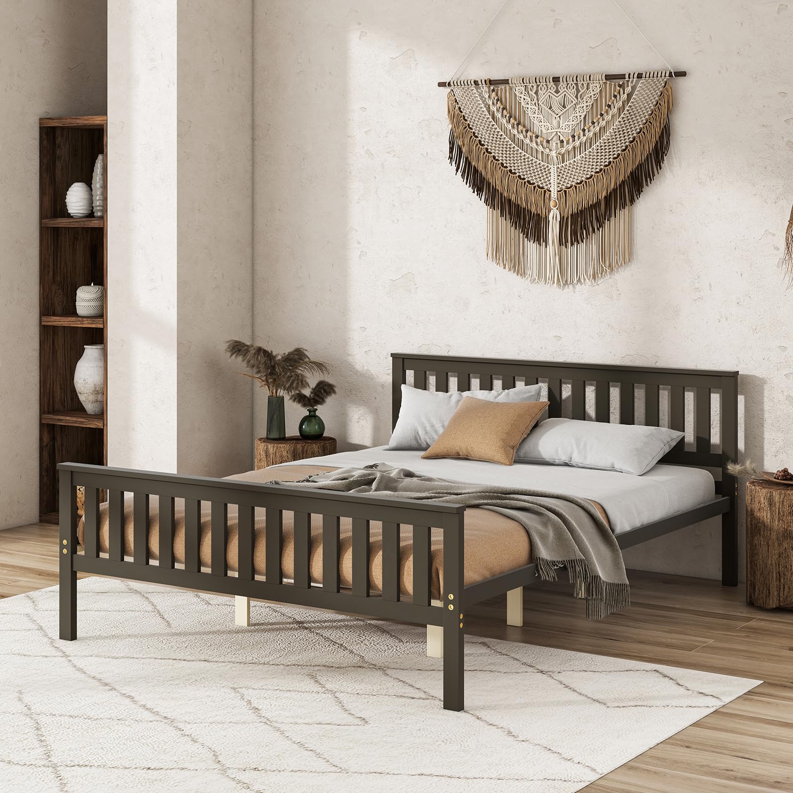 Wood Platform Bed Frame with Headboard, Wooden Slats Support, 12" Under-Bed Storage Space