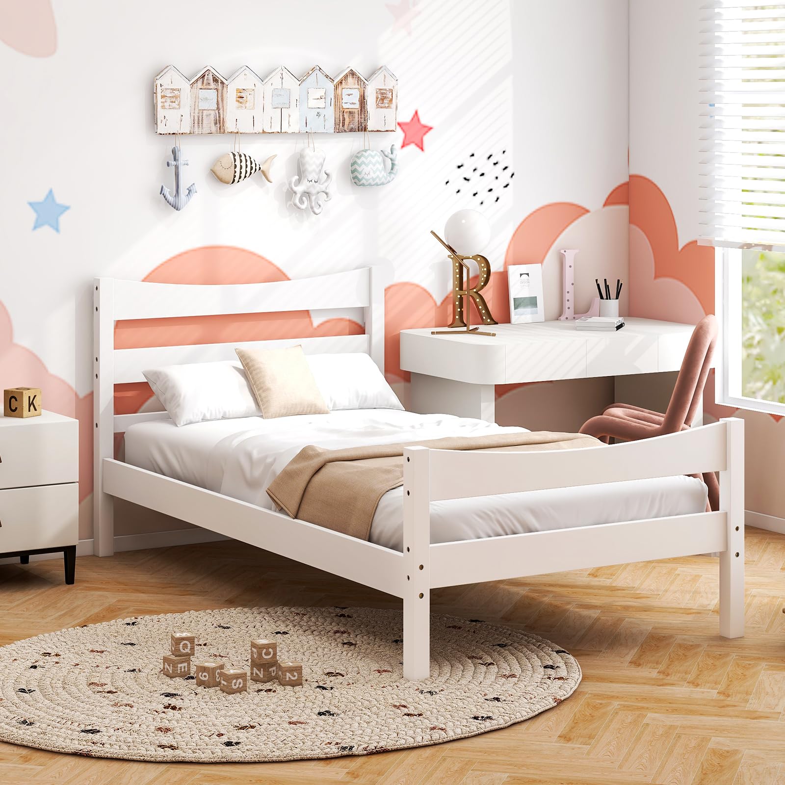 Twin Size Wood Bed Frame, Rustic Style Platform Bed w/Headboard & Footboard