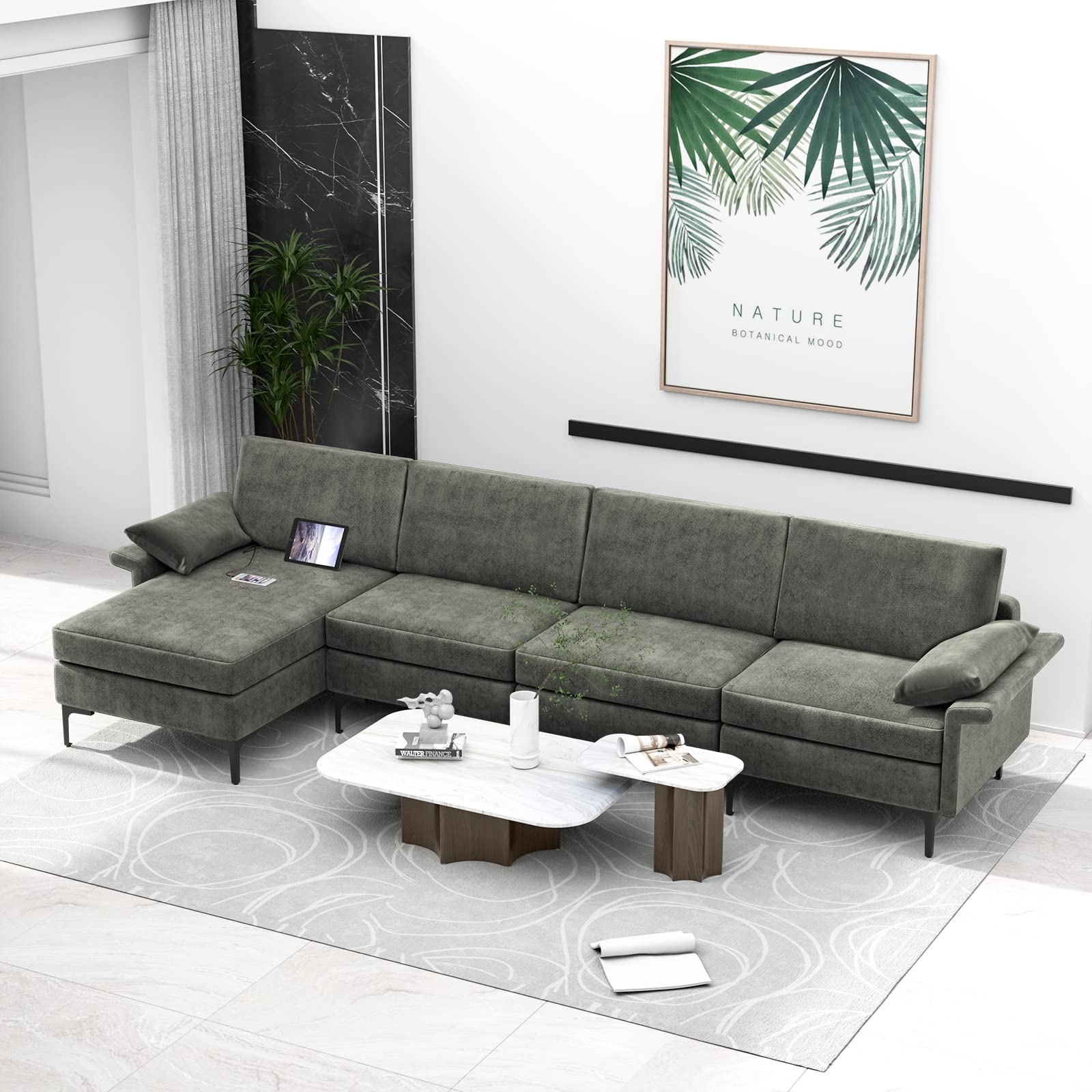 130.5 Inch Extra Large Convertible Sectional Sofa with Reversible Chaise Lounge, 3-Hole Outlets & 4 USB Ports