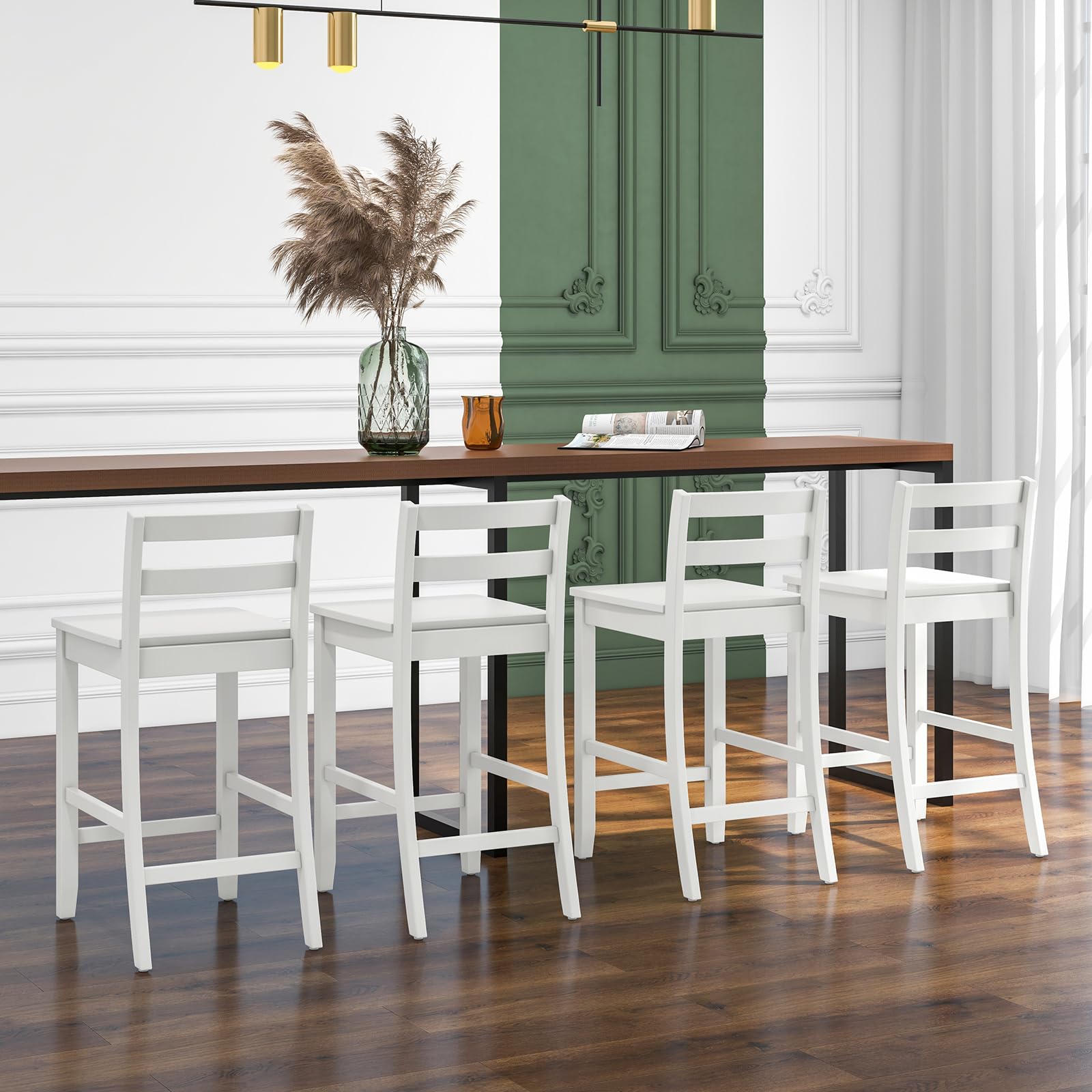 Wooden Bar Stools Set of 2/4, 24-Inch Counter Height Stools with Ergonomic Backrest & Footrest